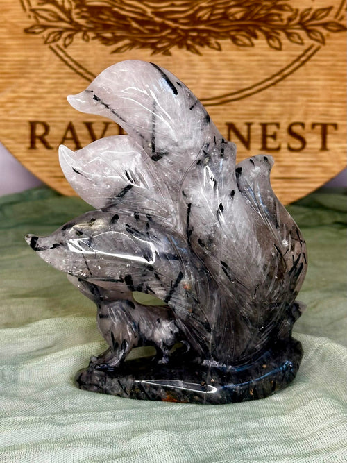 Black Tourmaline in Quartz Nine-Tailed Fox Carving