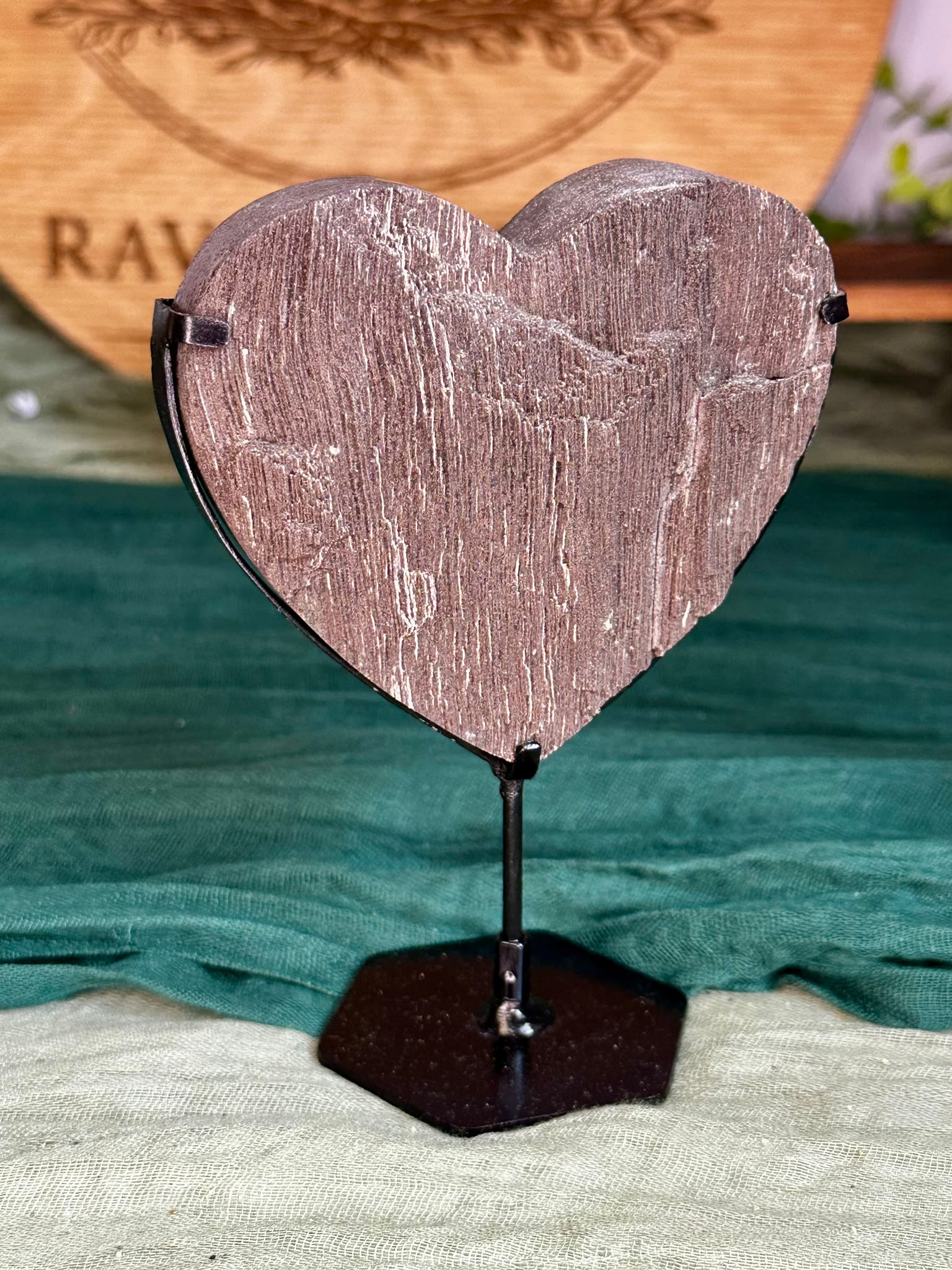Large Petrified Wood Heart on Black Stand