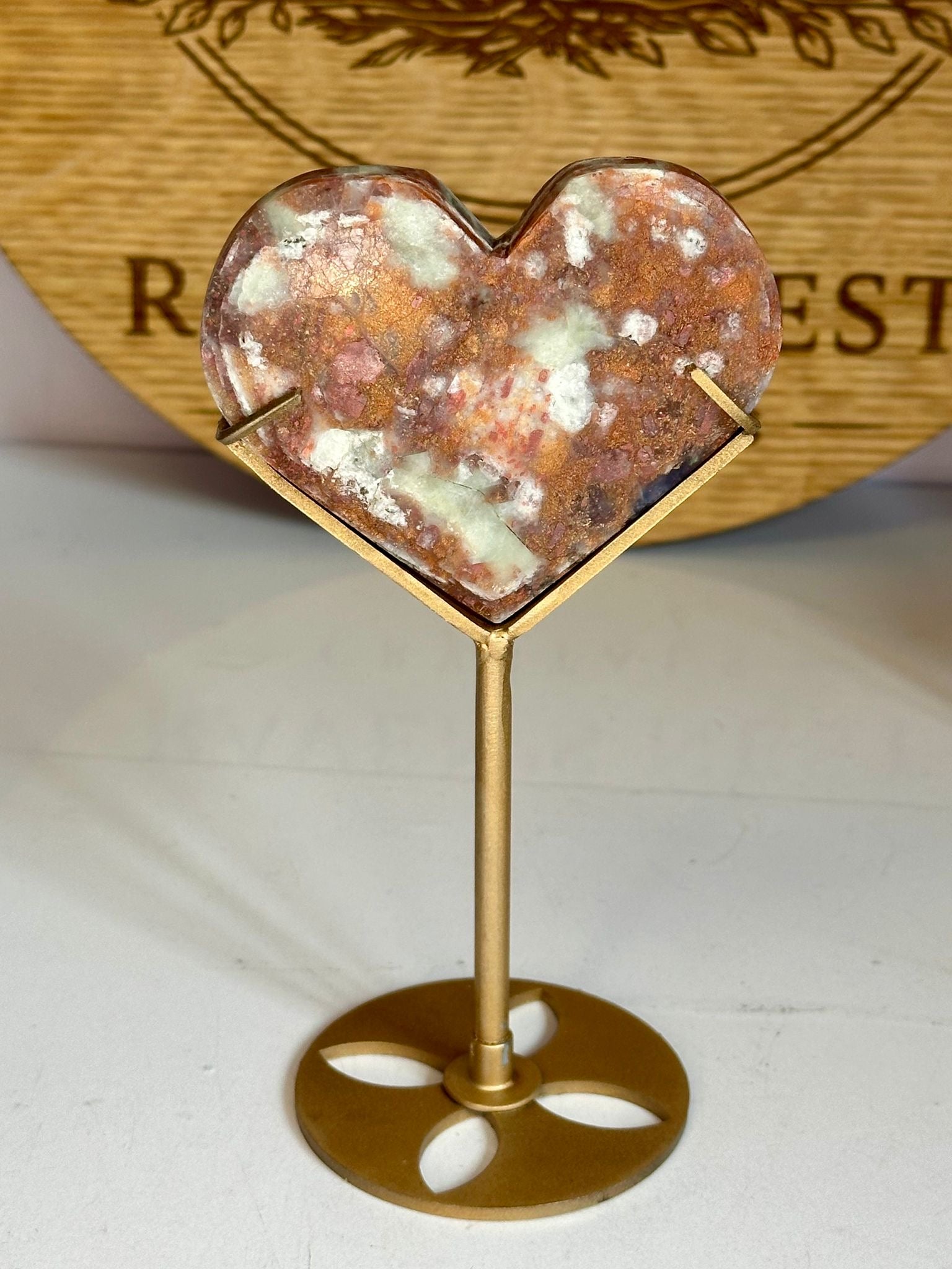 Sunstone & Iolite Heart on Custom Gold Display Stand