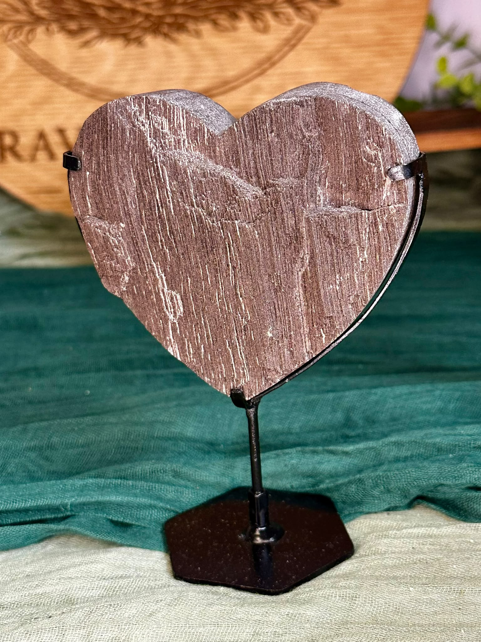Large Petrified Wood Heart on Black Stand