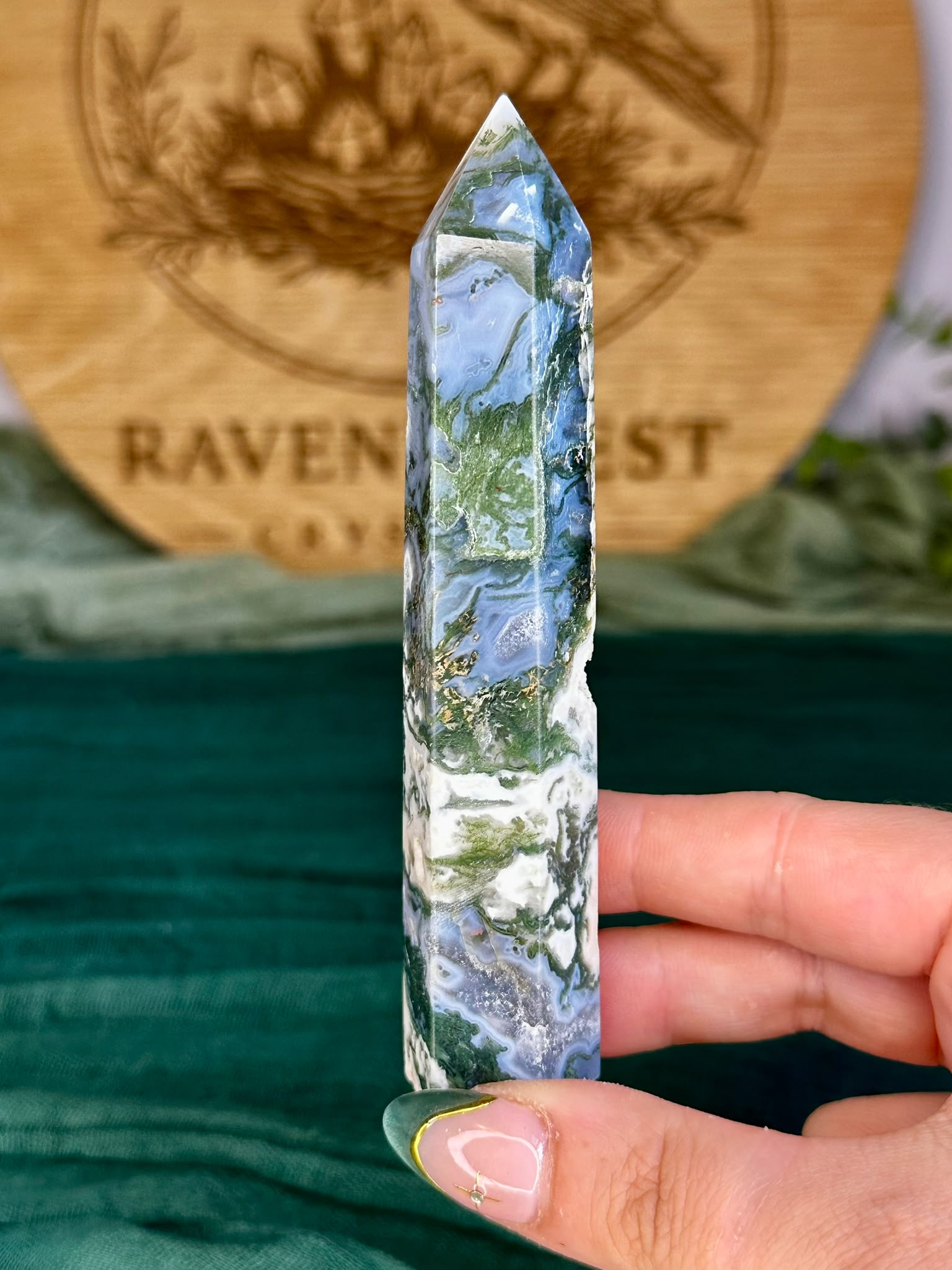 Druzy Moss Agate Tower with Pink Moss Inclusions