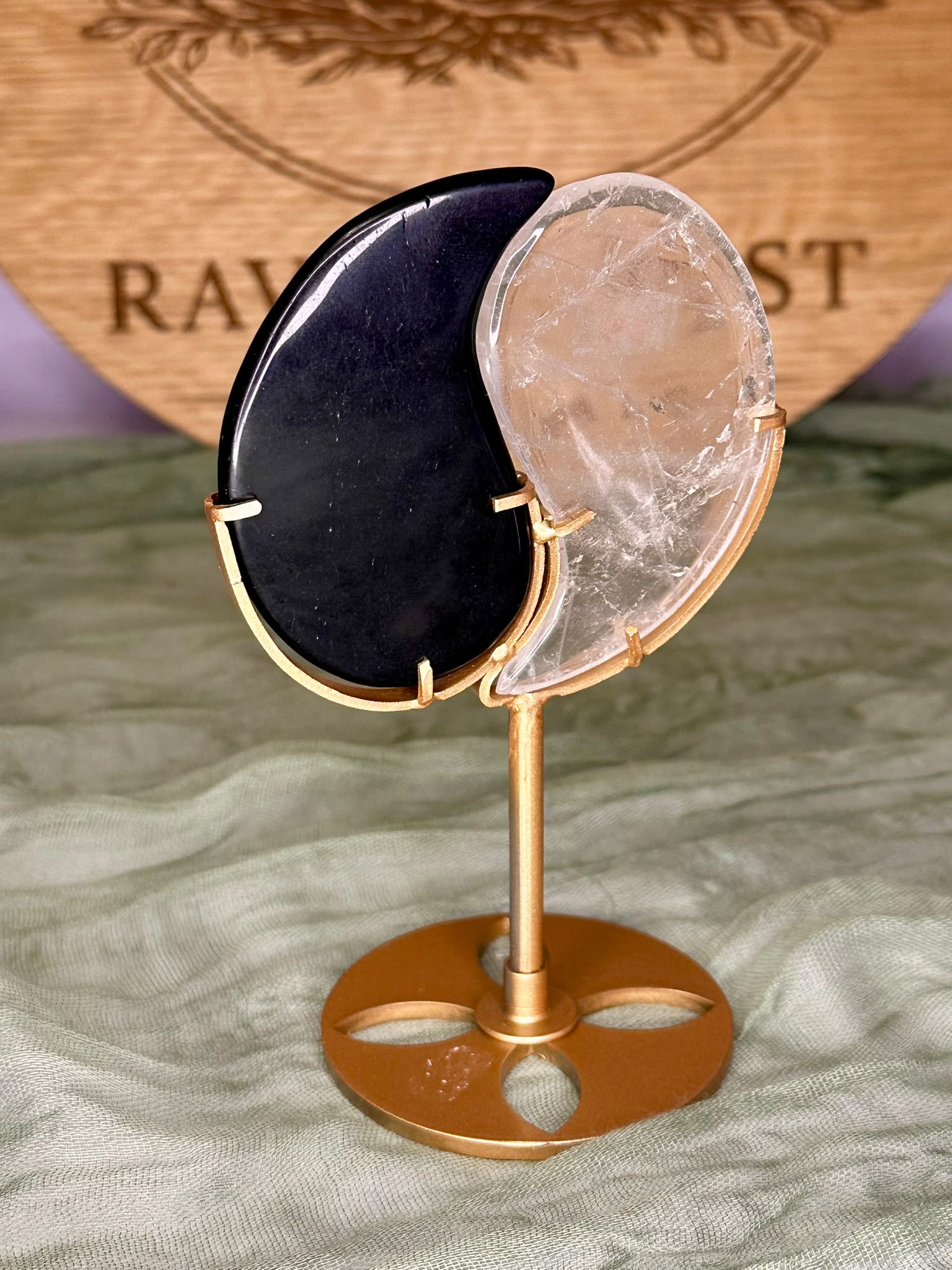 Obsidian & Clear Quartz Yin Yang Display on Stand