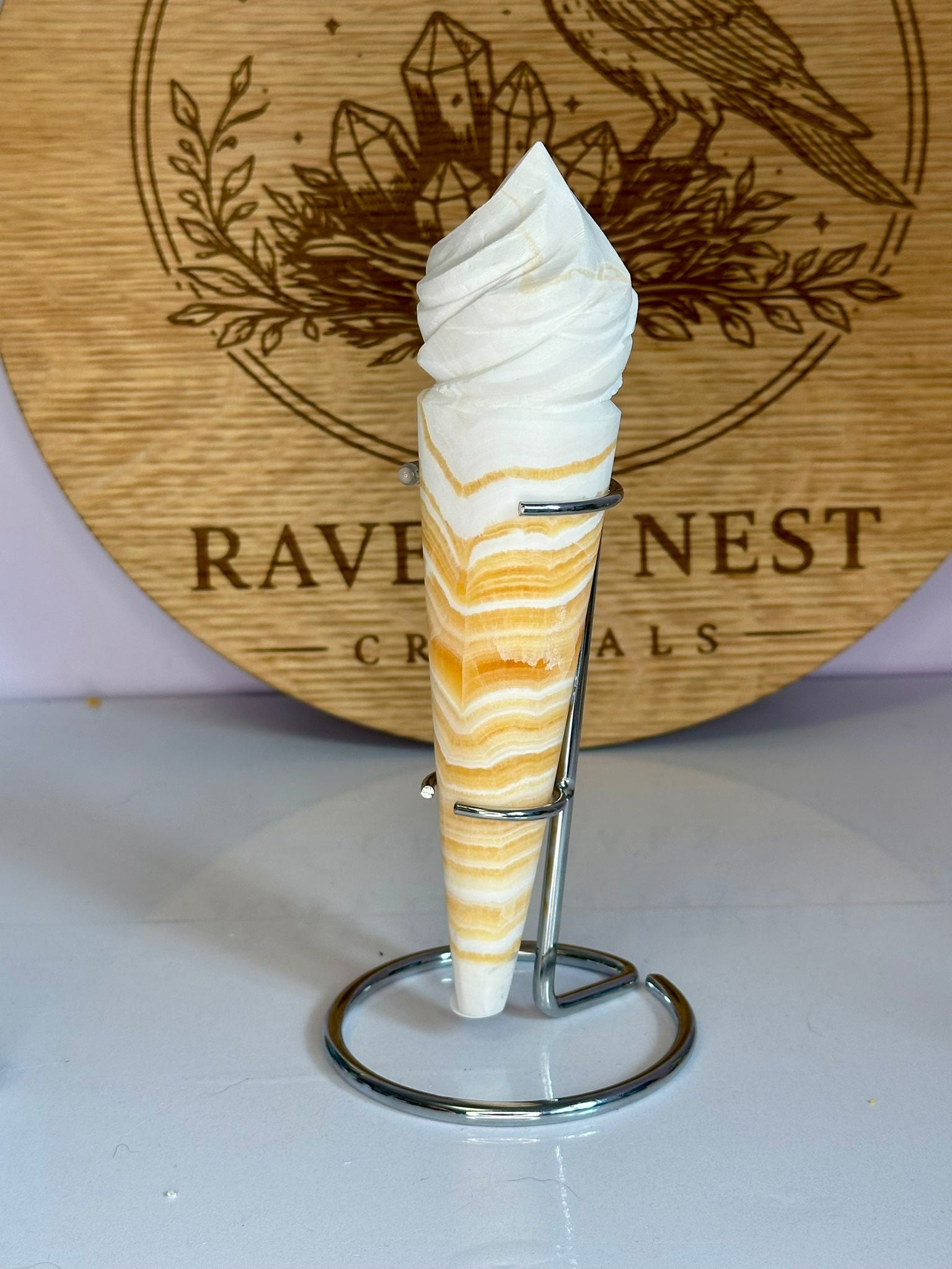 Large Banded Honey Calcite Ice Cream Cone with Display Stand