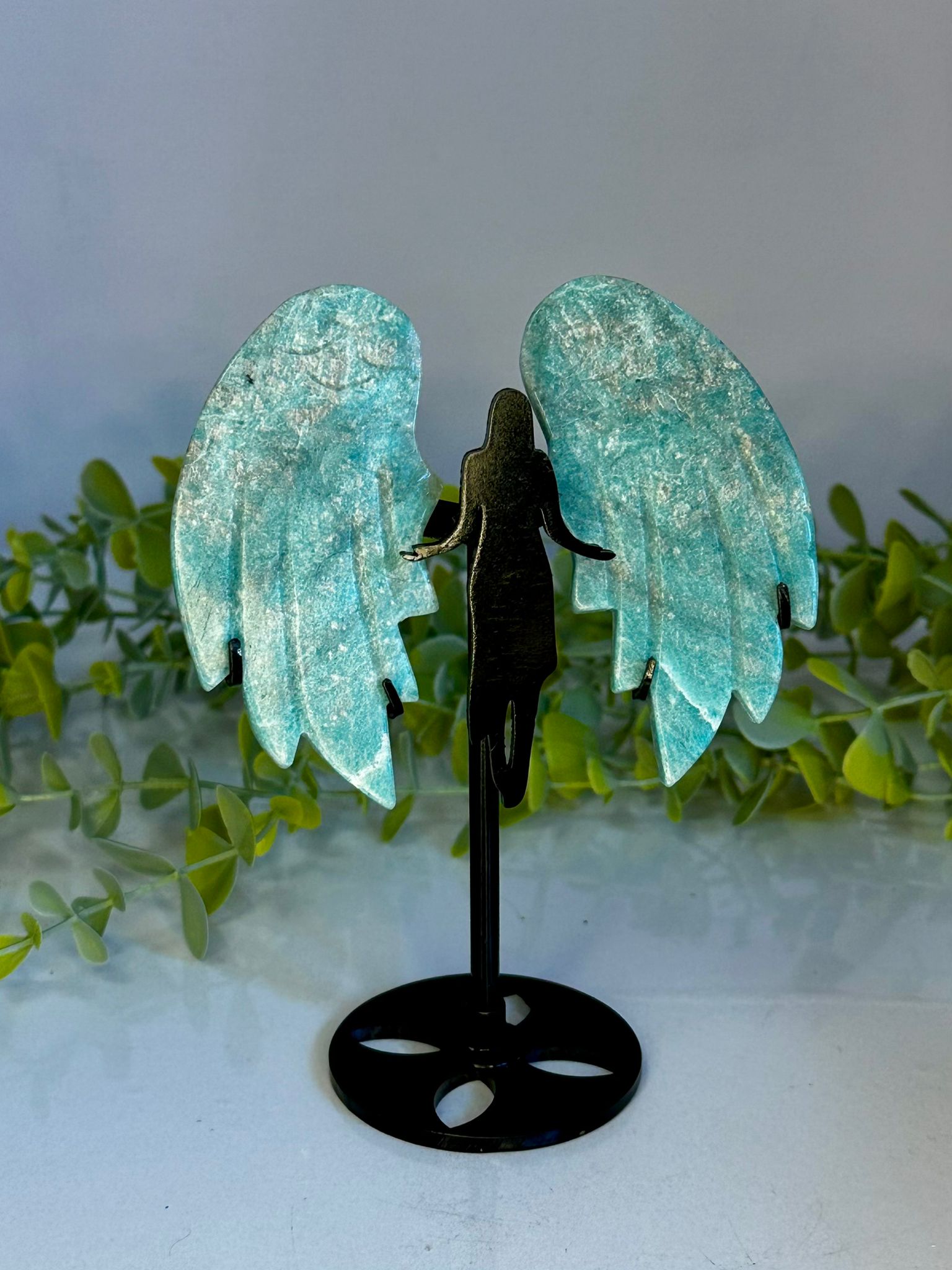 Amazonite Angel Wings on Custom Stand