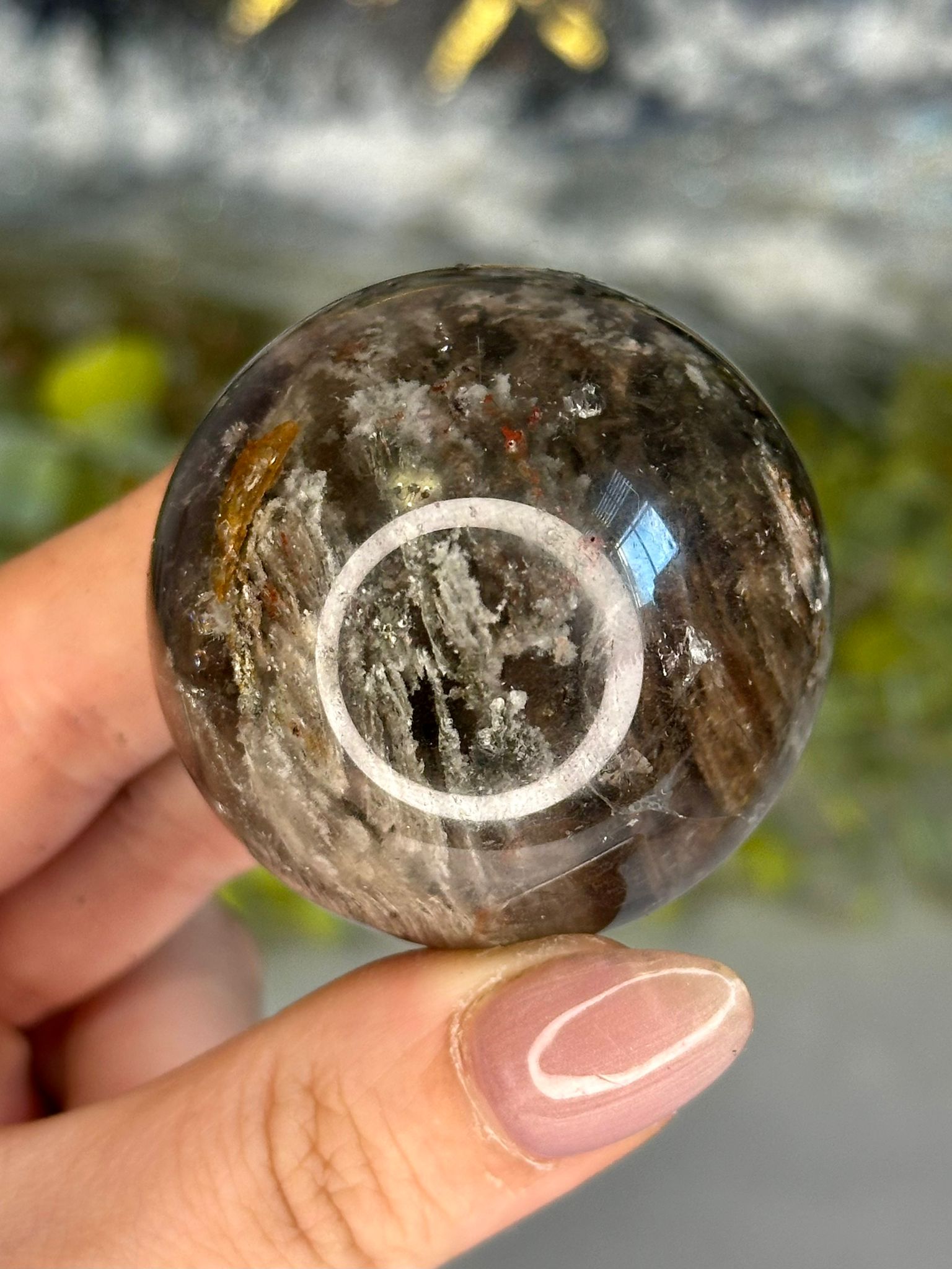 Garden Quartz in Smoky Quartz Sphere with Black Rutile