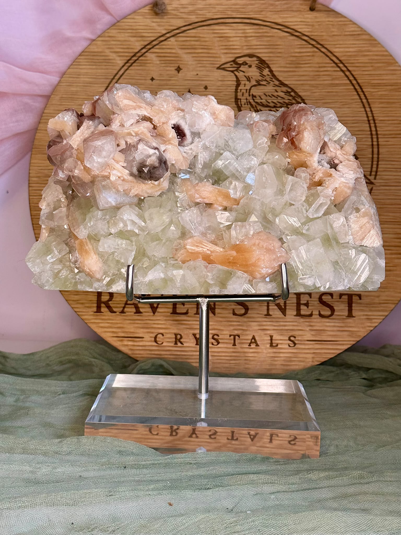 XL Green Apophyllite with Red Heulandite & Peach Stilbite on Stand