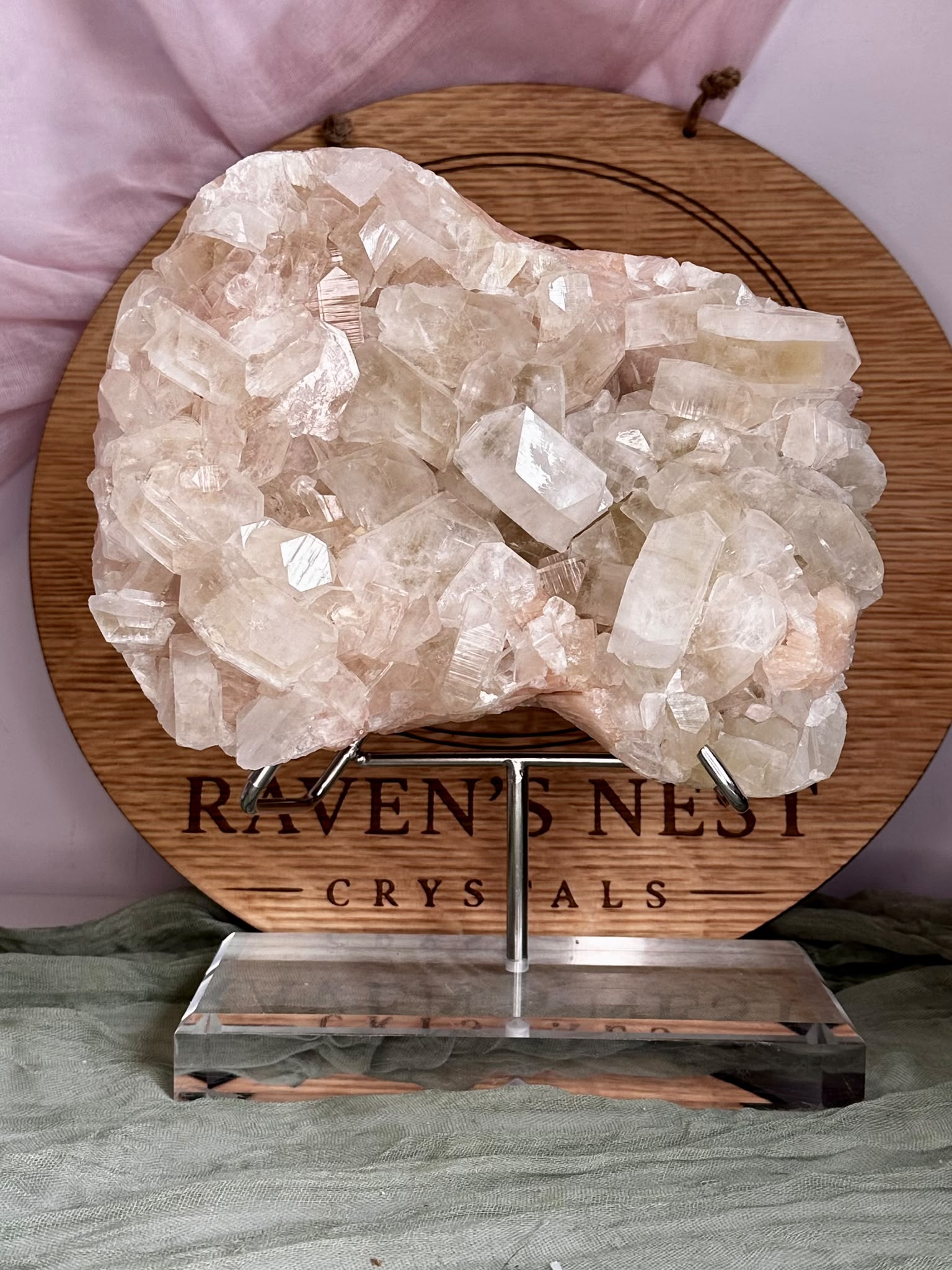 XL Watermelon Apophyllite & Peach Stilbite Display Specimen with Stand