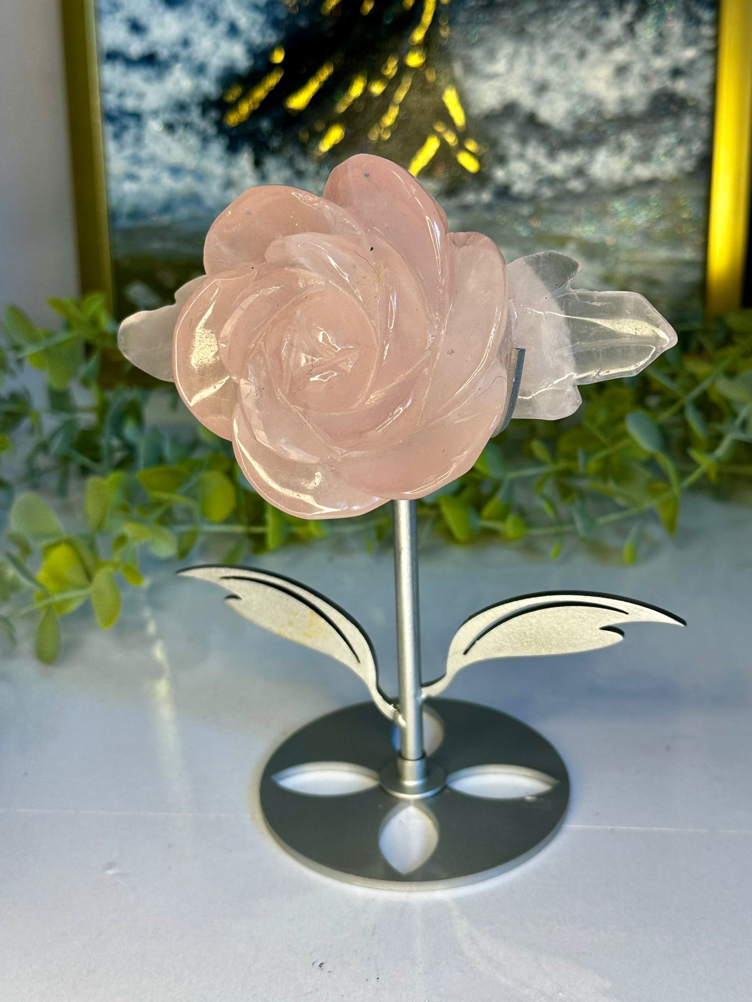 Rose Quartz Rose on Custom Stand