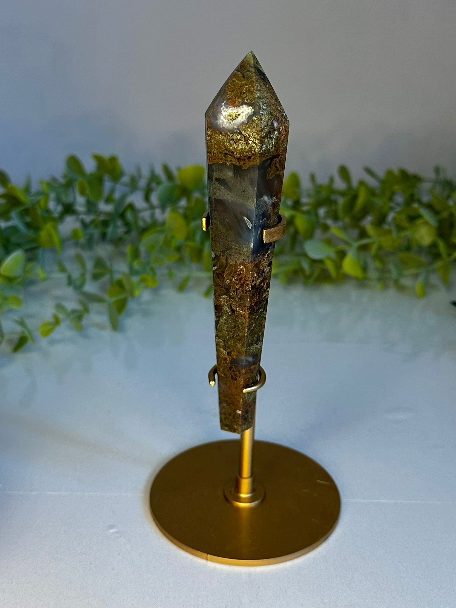 Brown & Blue Moss Agate Wand on Gold Stand