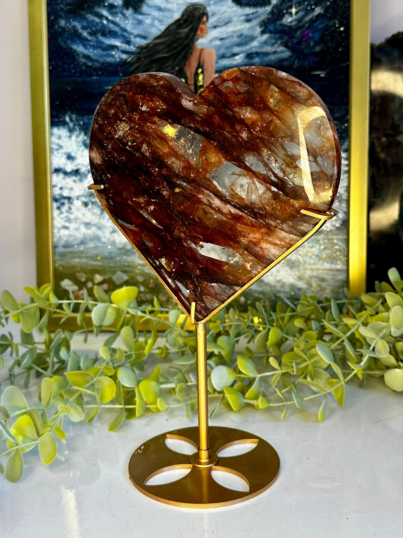 Large High Grade Fire Quartz Heart on Custom Stand