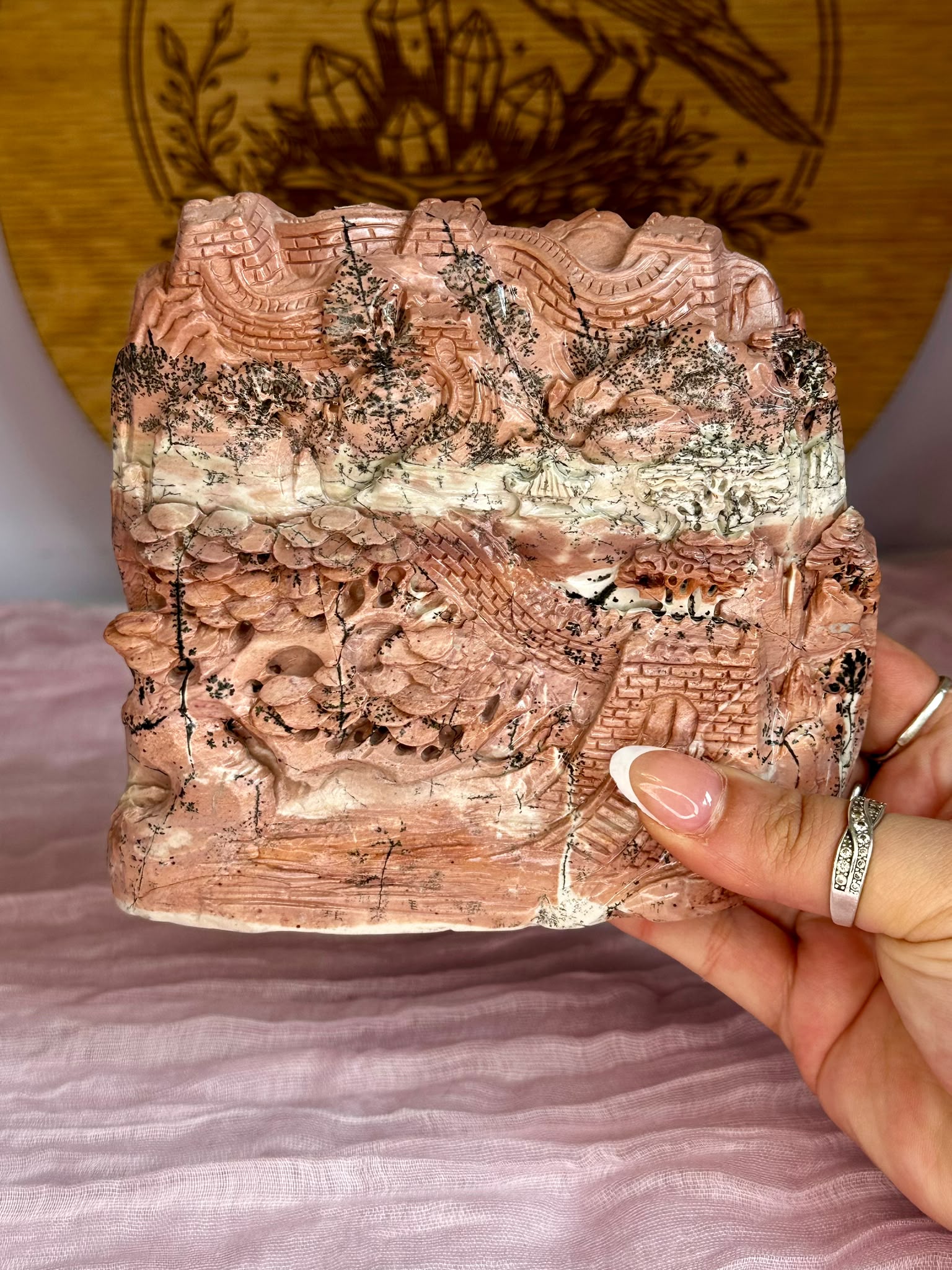 Large Hand-Carved Pink Picture Jasper Landscape