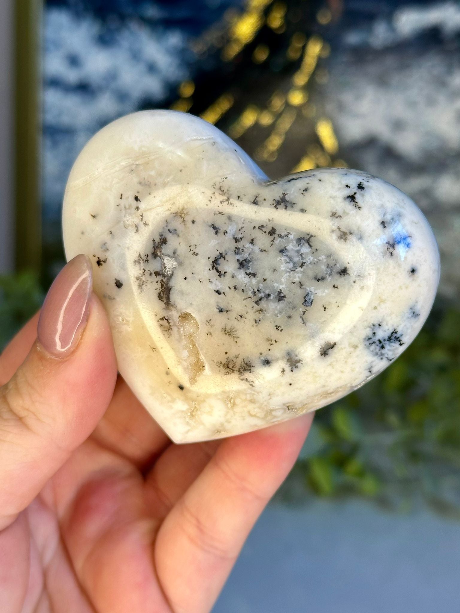 Indonesian White Dendritic Agate Puffy Heart
