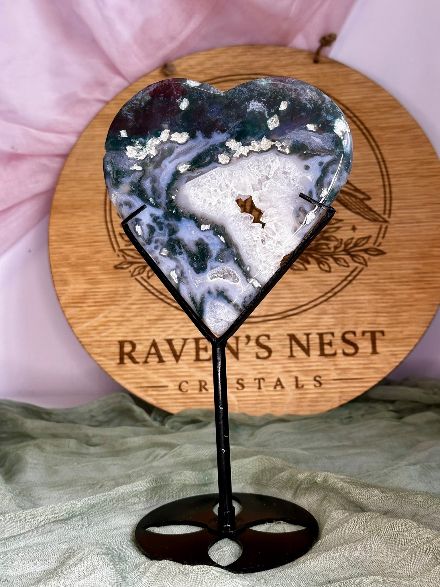 Large Moss Agate Heart on Stand