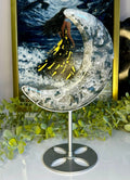 XL Moss Agate Crescent Moon on Custom Stand