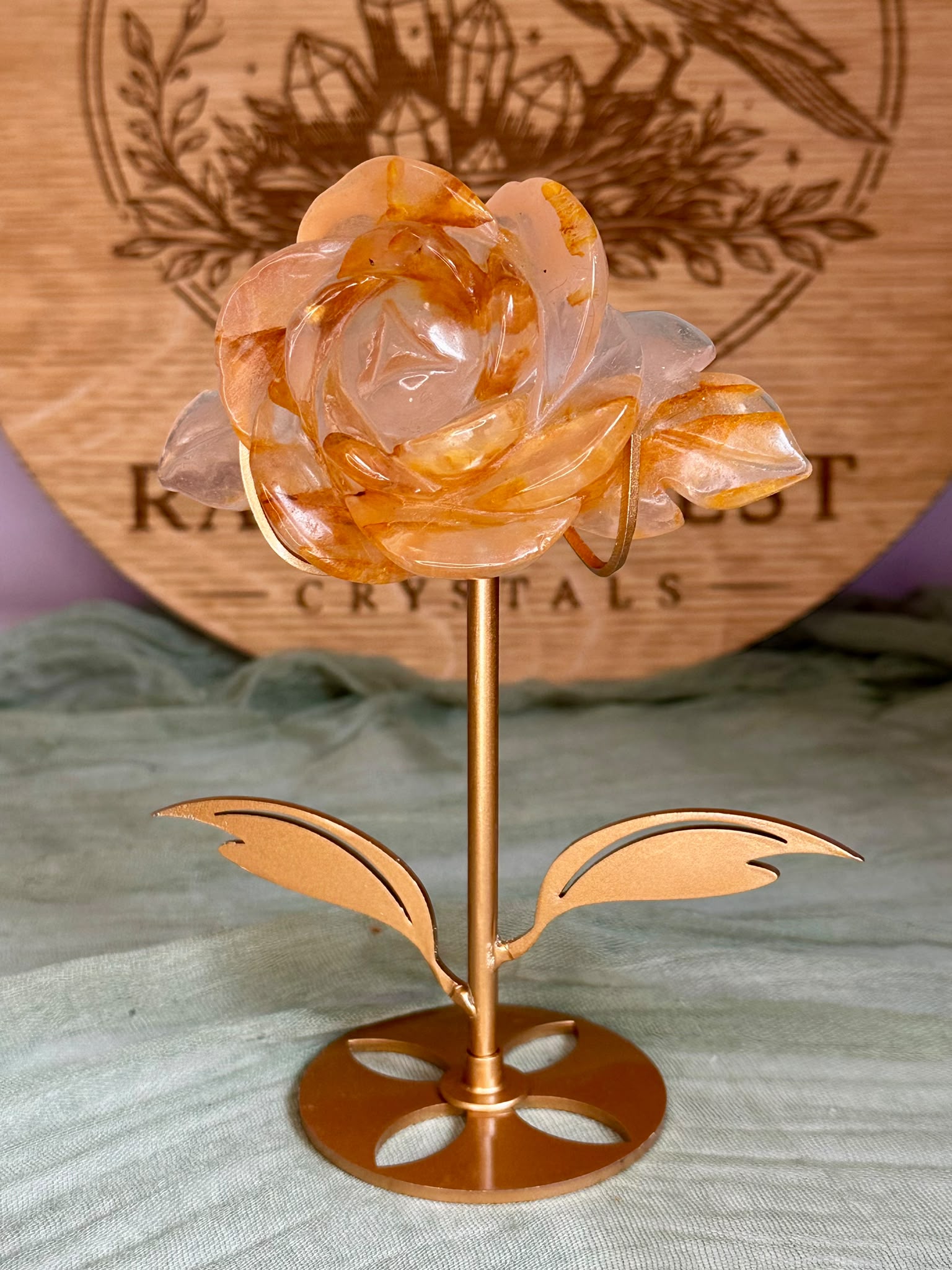 Golden Healer Quartz Rose on Metal Stand