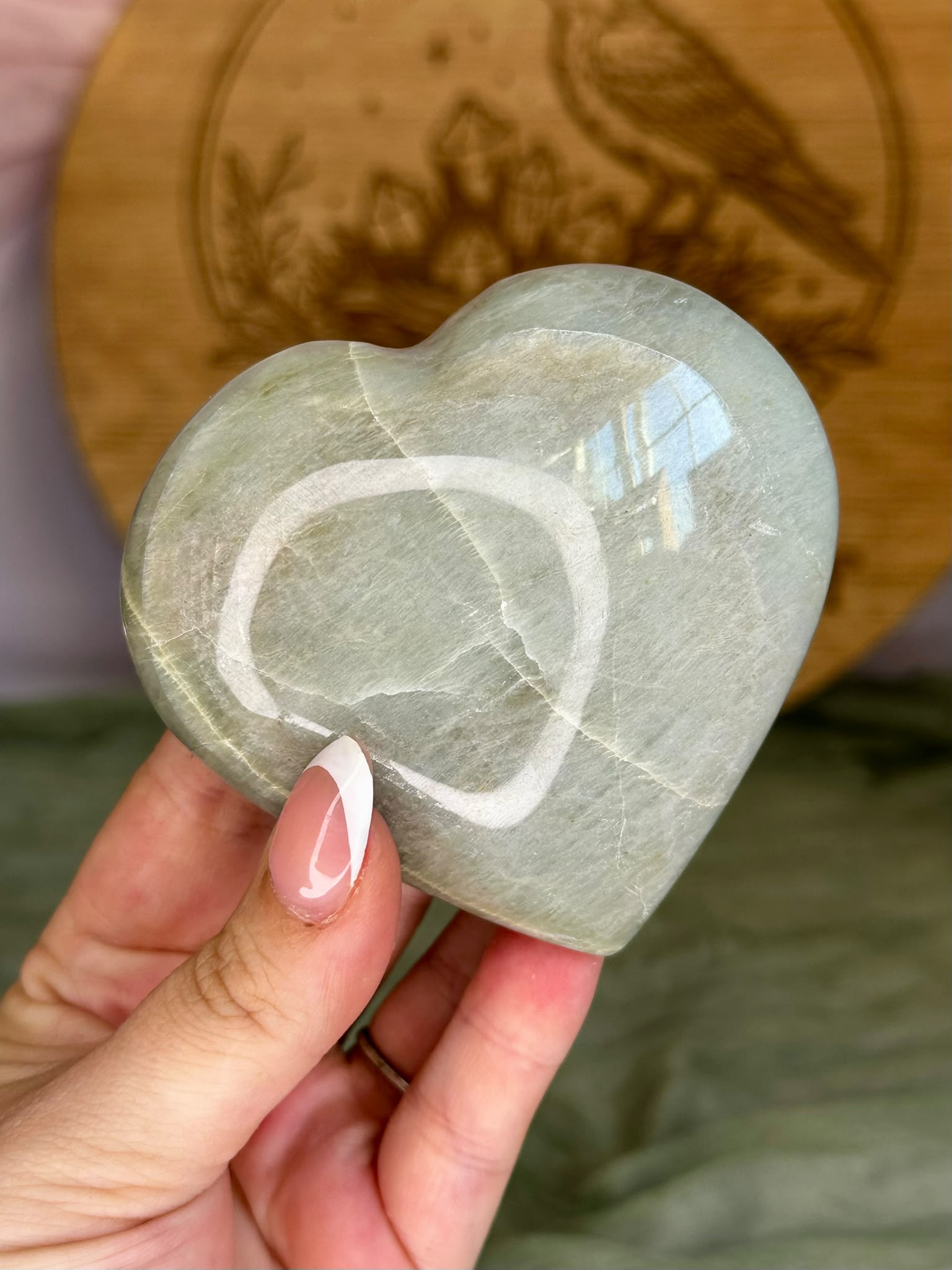 Green Moonstone Heart with Silver Flash