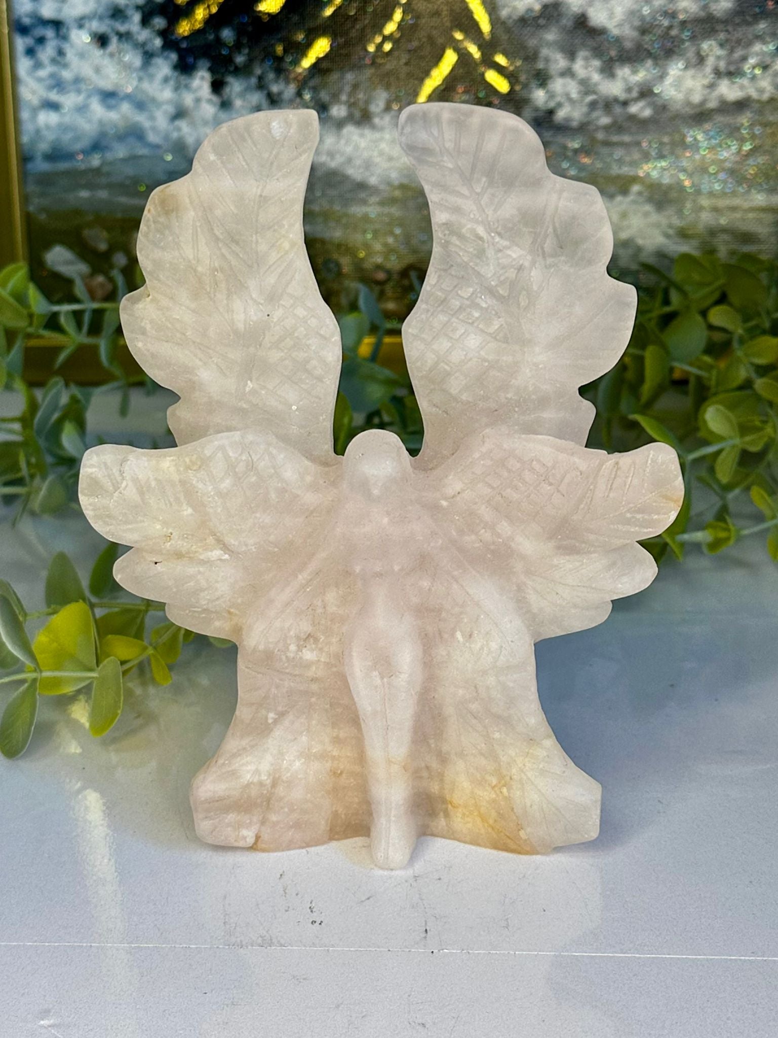 Rose Quartz & Golden Healer Angel Carving