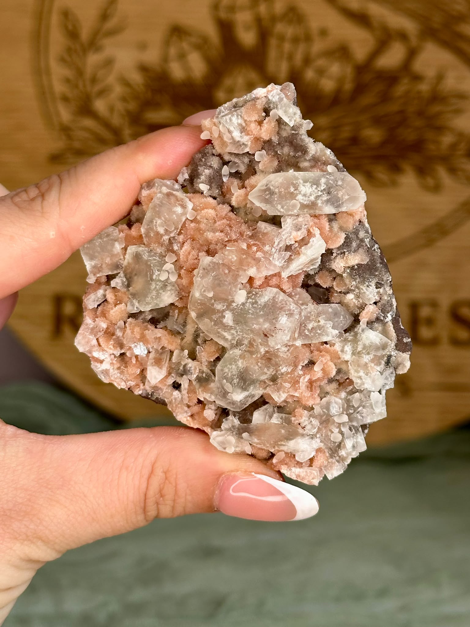 Indian Apophyllite with Coral Pink Heulandite on Chalcedony Cluster #3