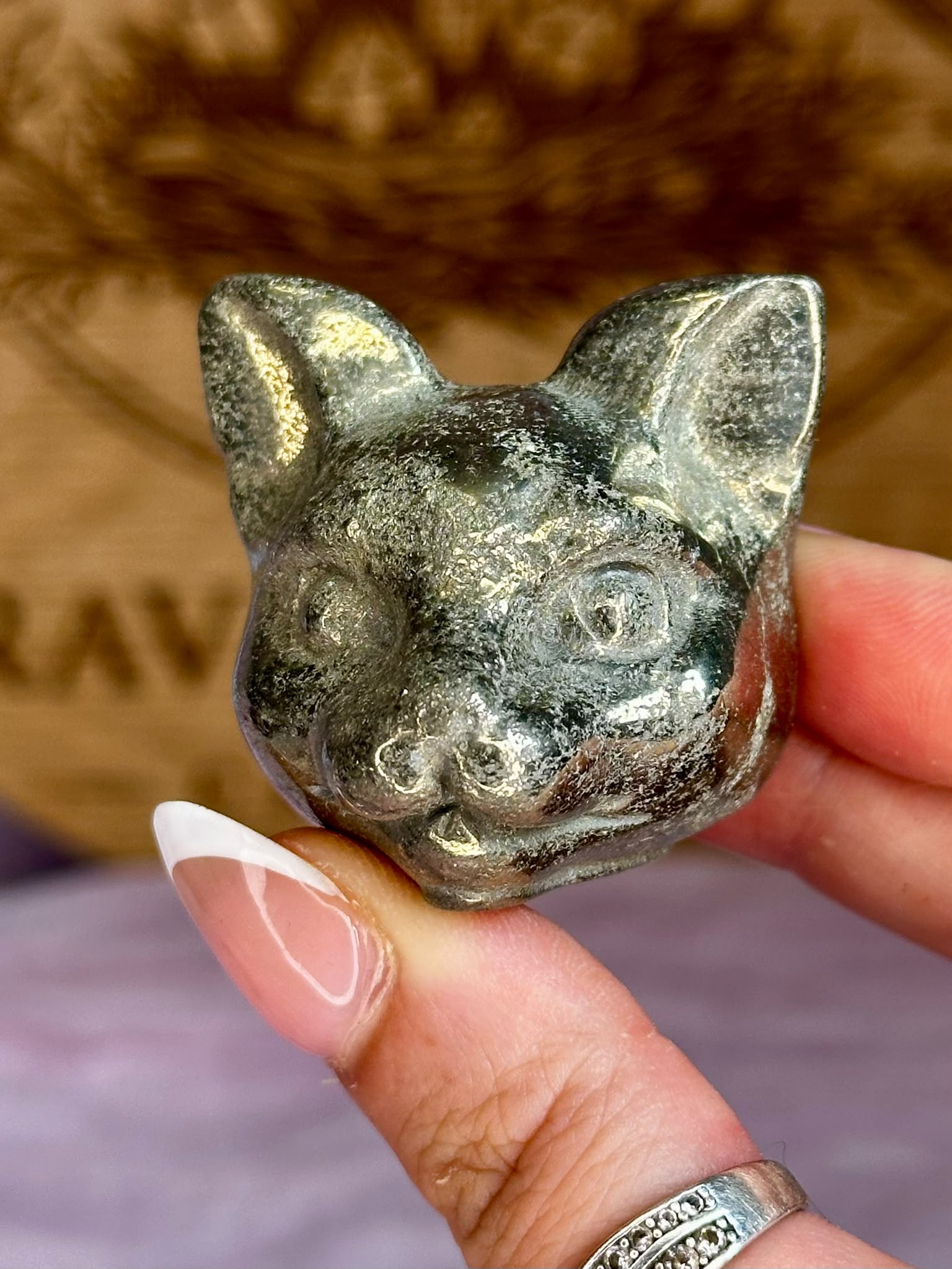 Hand Carved Pyrite Cat