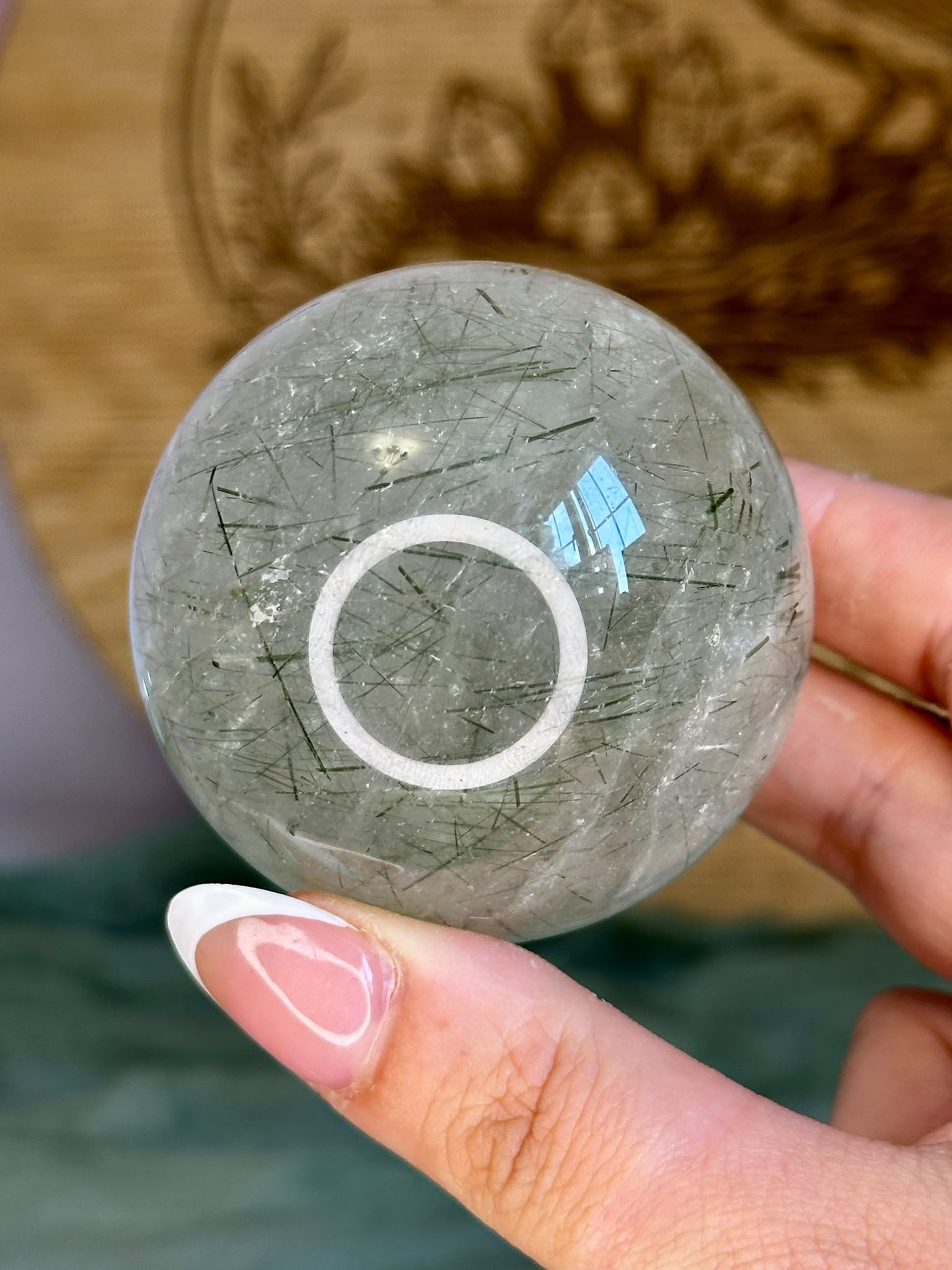 Green Rutile in Quartz Sphere