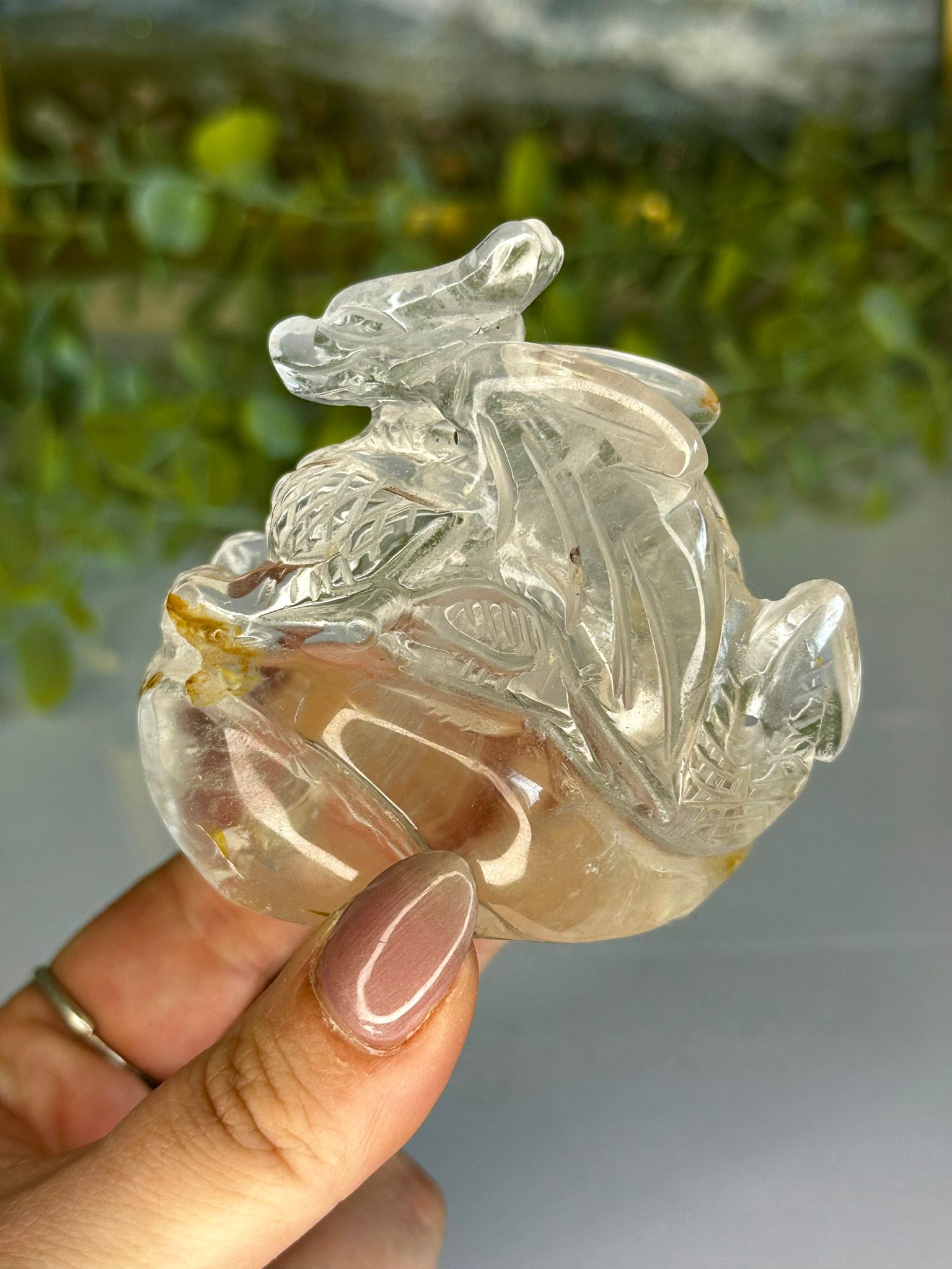 Hand Carved Clear Quartz Dragon with Golden Healer Inclusions