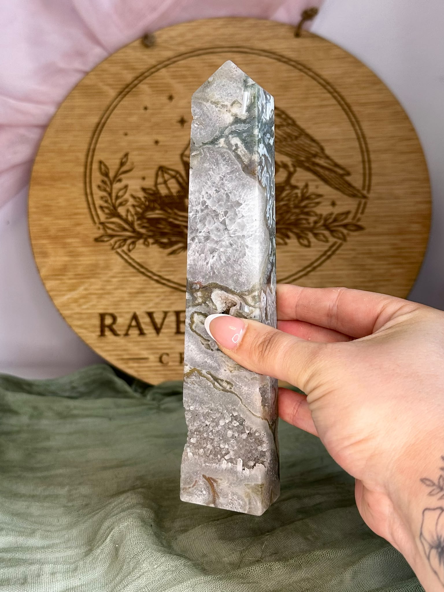 Grey Druzy Moss Agate Tower