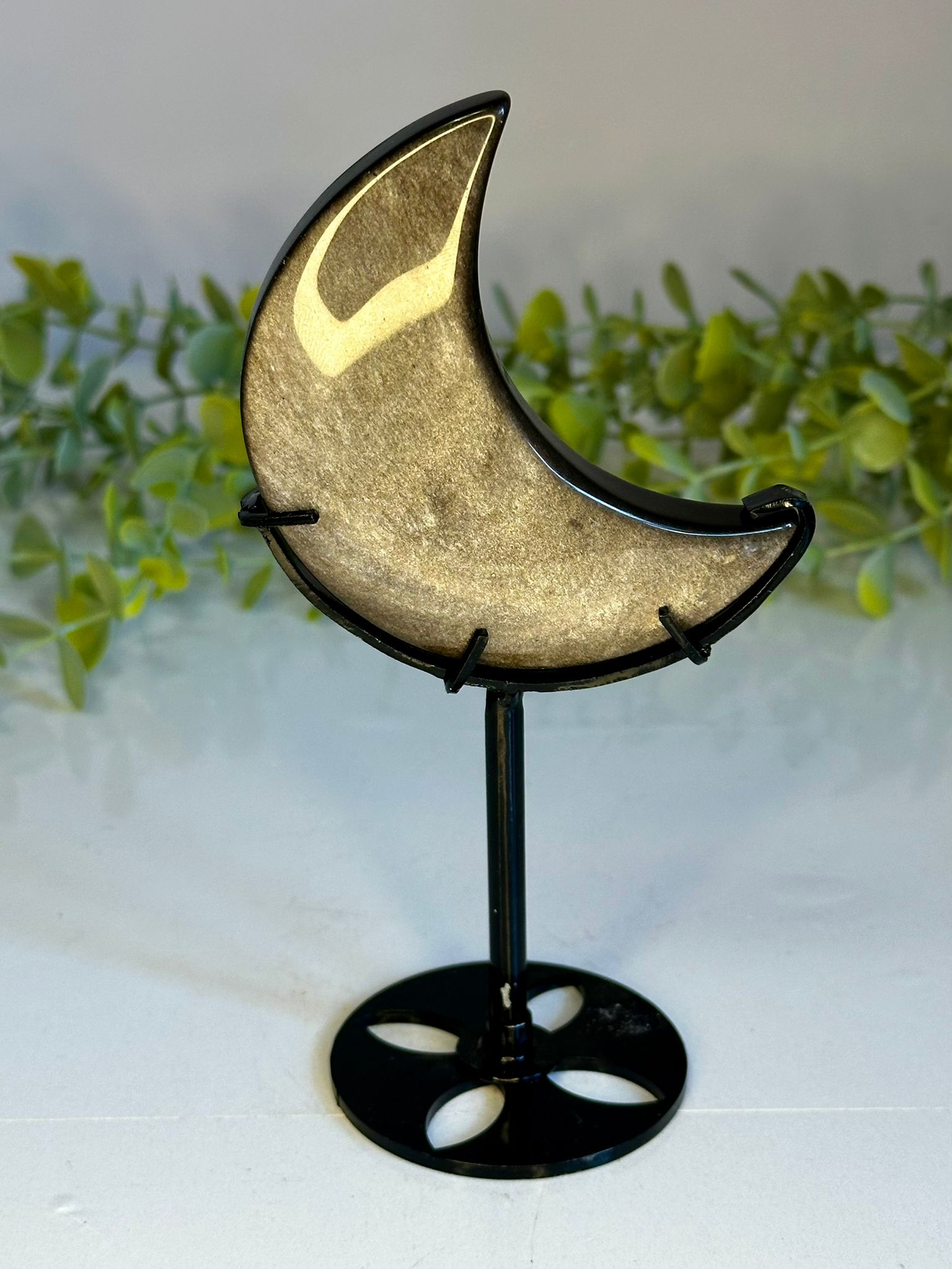 Silver Sheen Obsidian Crescent Moon on Stand