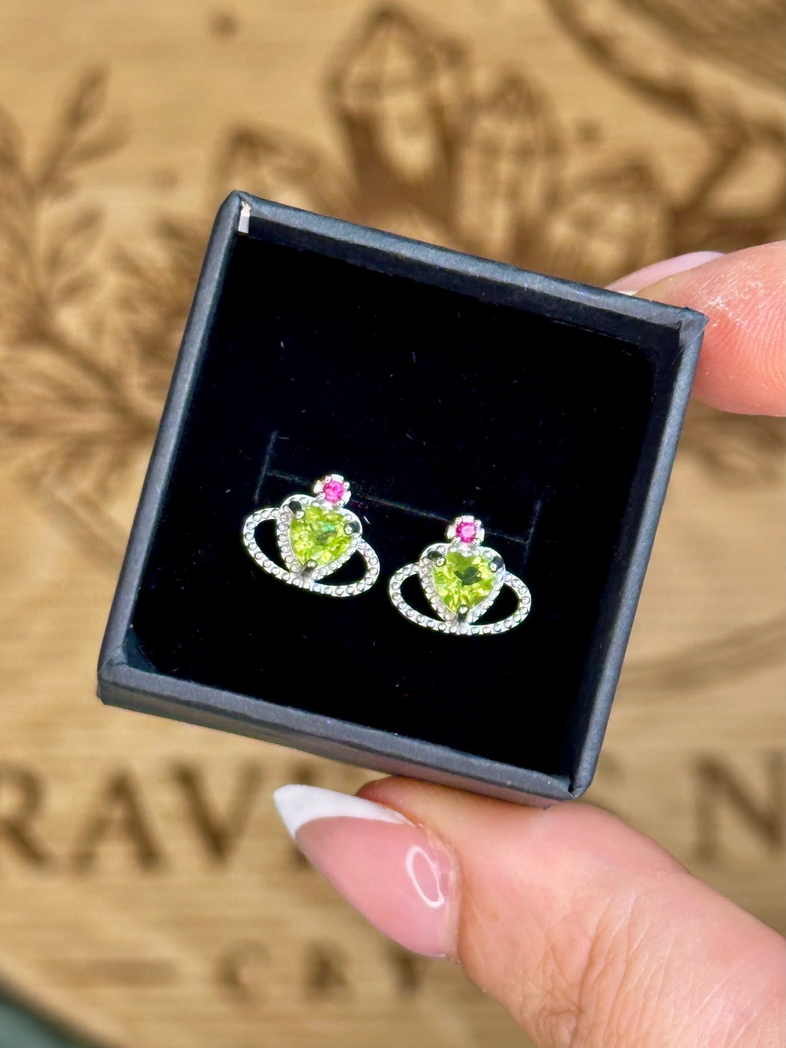 S925 Peridot & Pink Topaz Planet Heart Earrings
