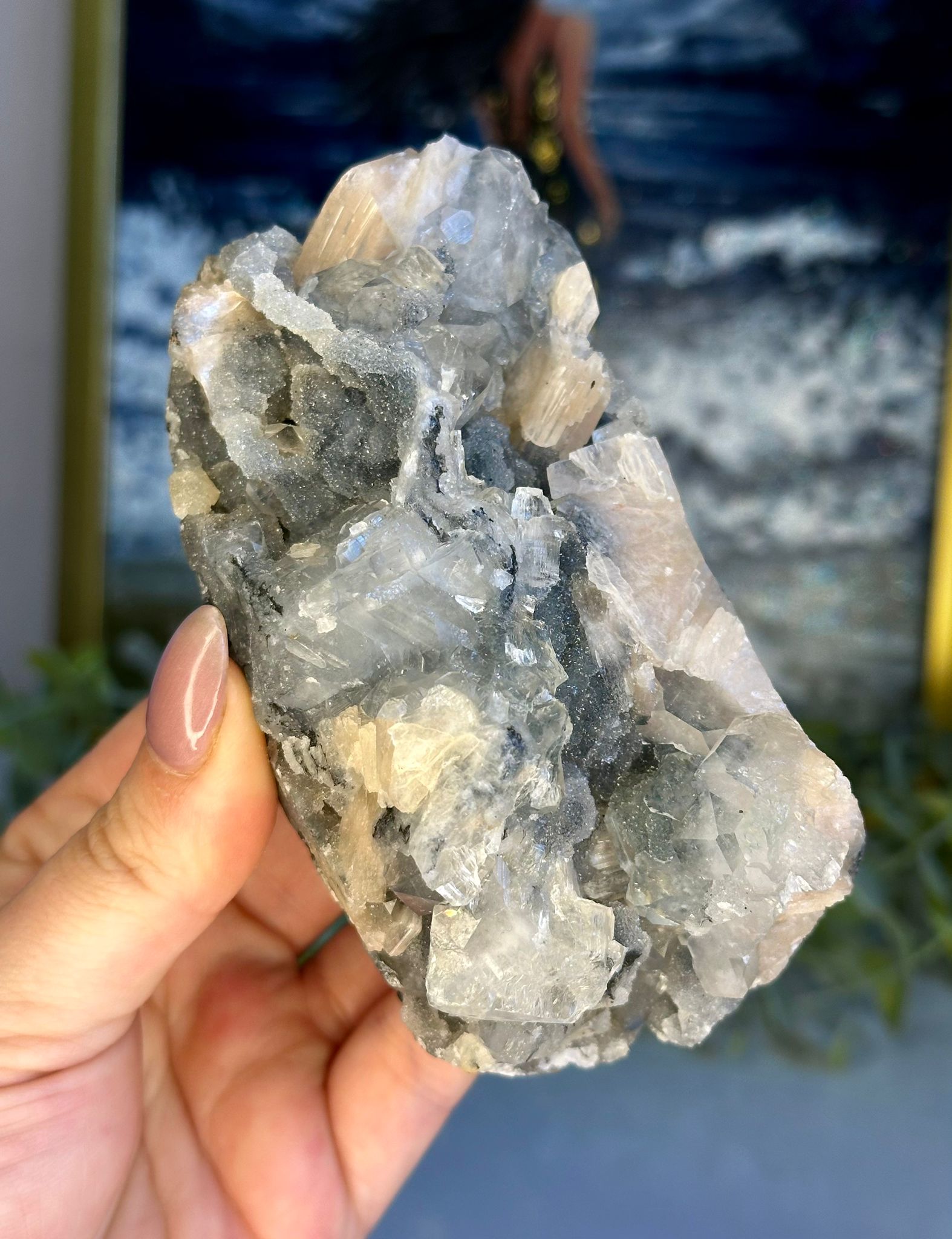Apophyllite with Peach Stilbite on Black Chalcedony
