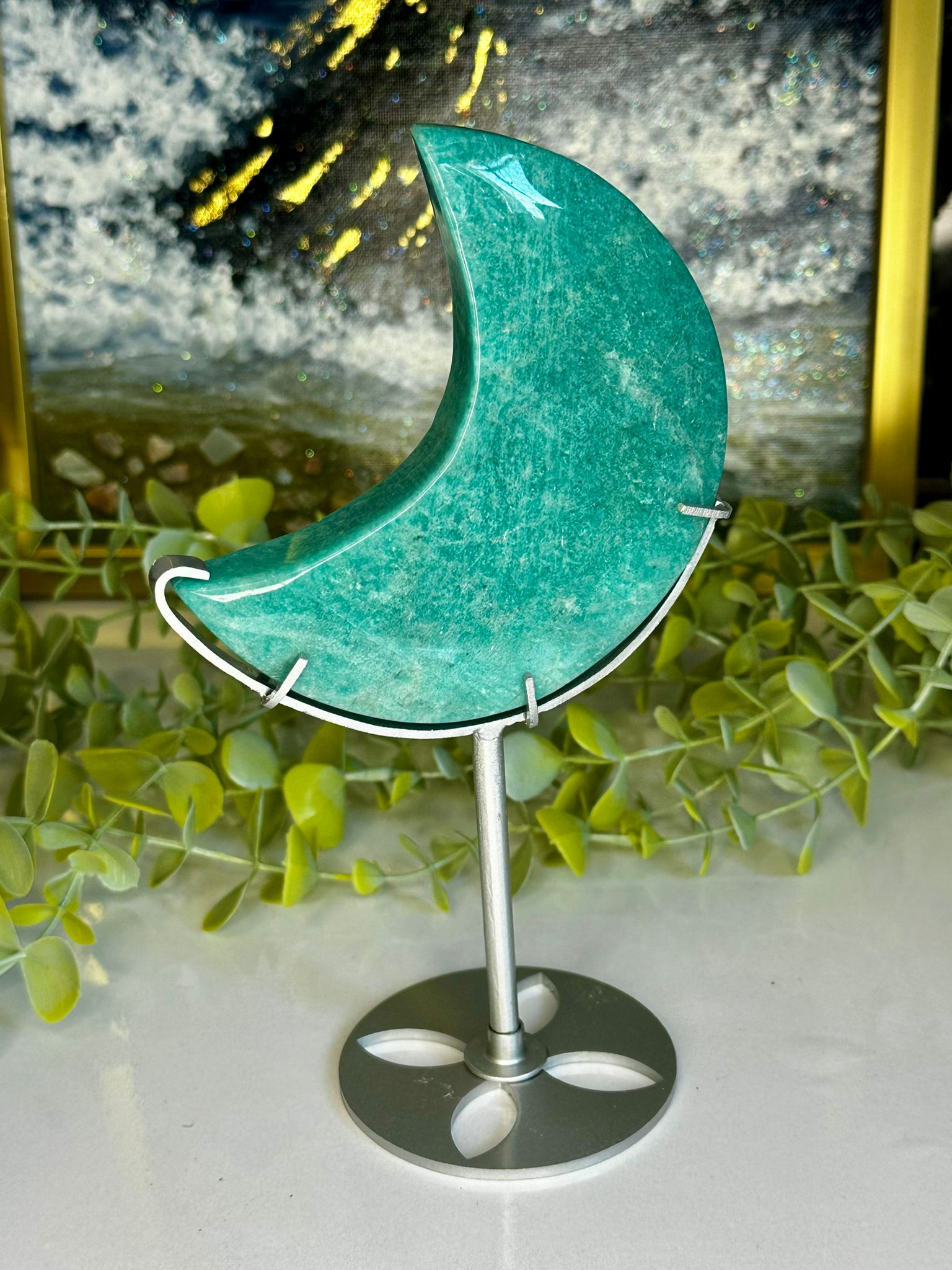 Amazonite Crescent Moon on Custom Display Stand