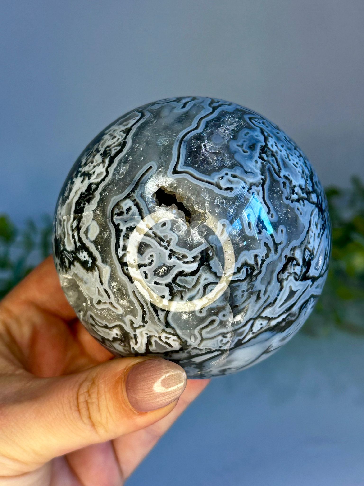 Large Druzy Blue & Grey Moss Agate Sphere