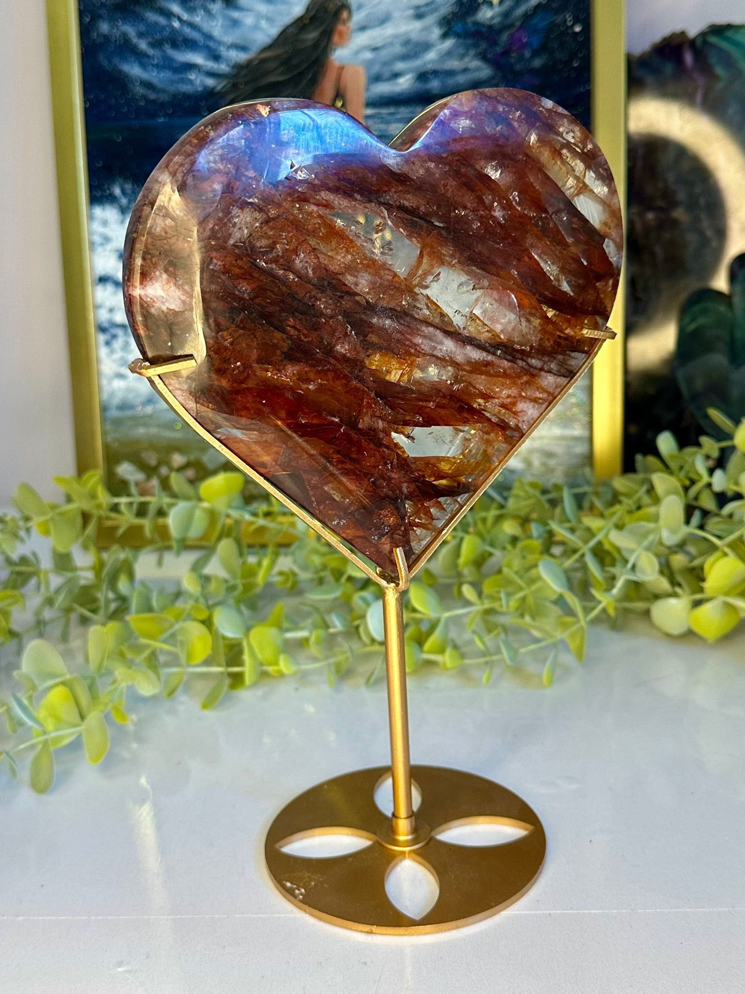 Large High Grade Fire Quartz Heart on Custom Stand