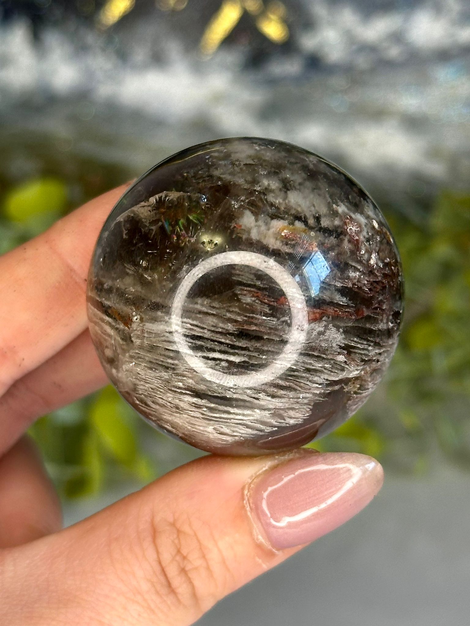 Garden Quartz in Smoky Quartz Sphere with Black Rutile