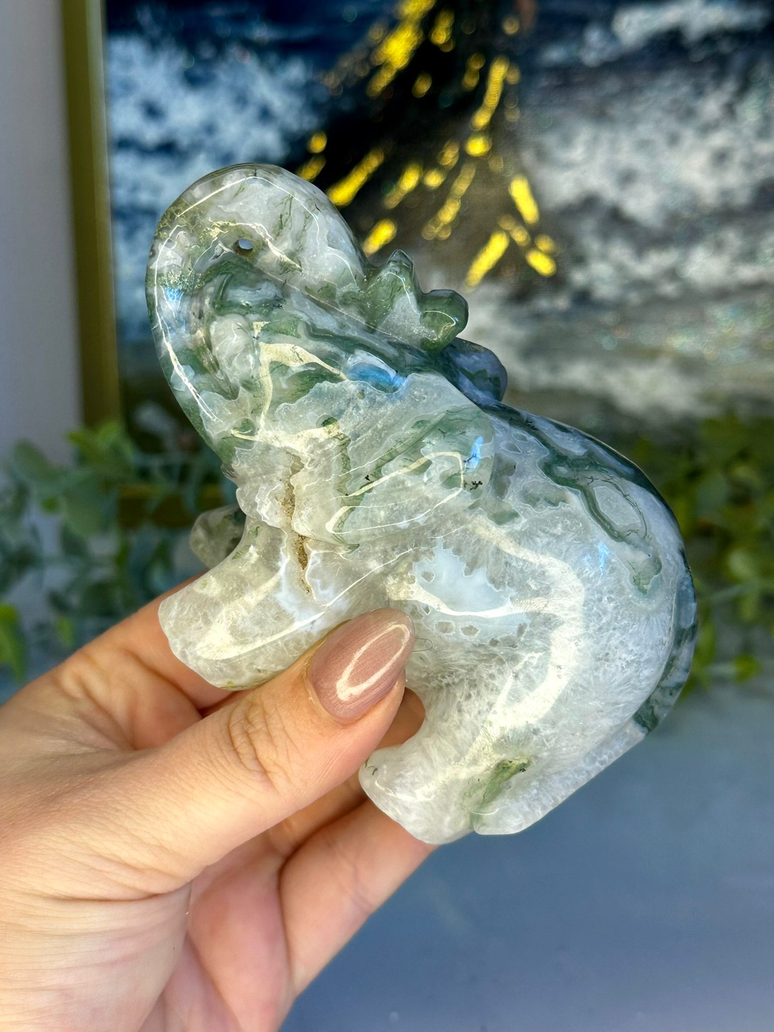 Moss Agate Elephant Carving