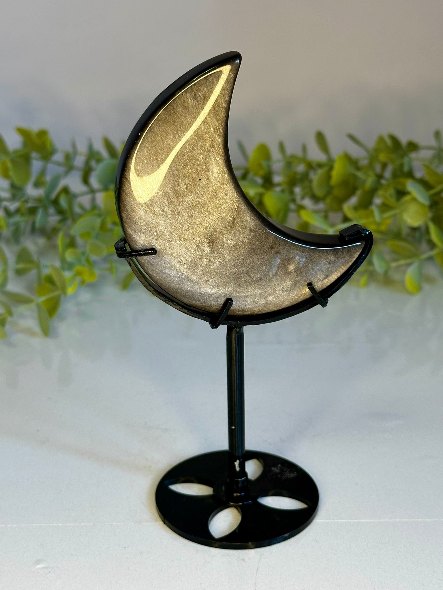 Silver Sheen Obsidian Crescent Moon on Stand