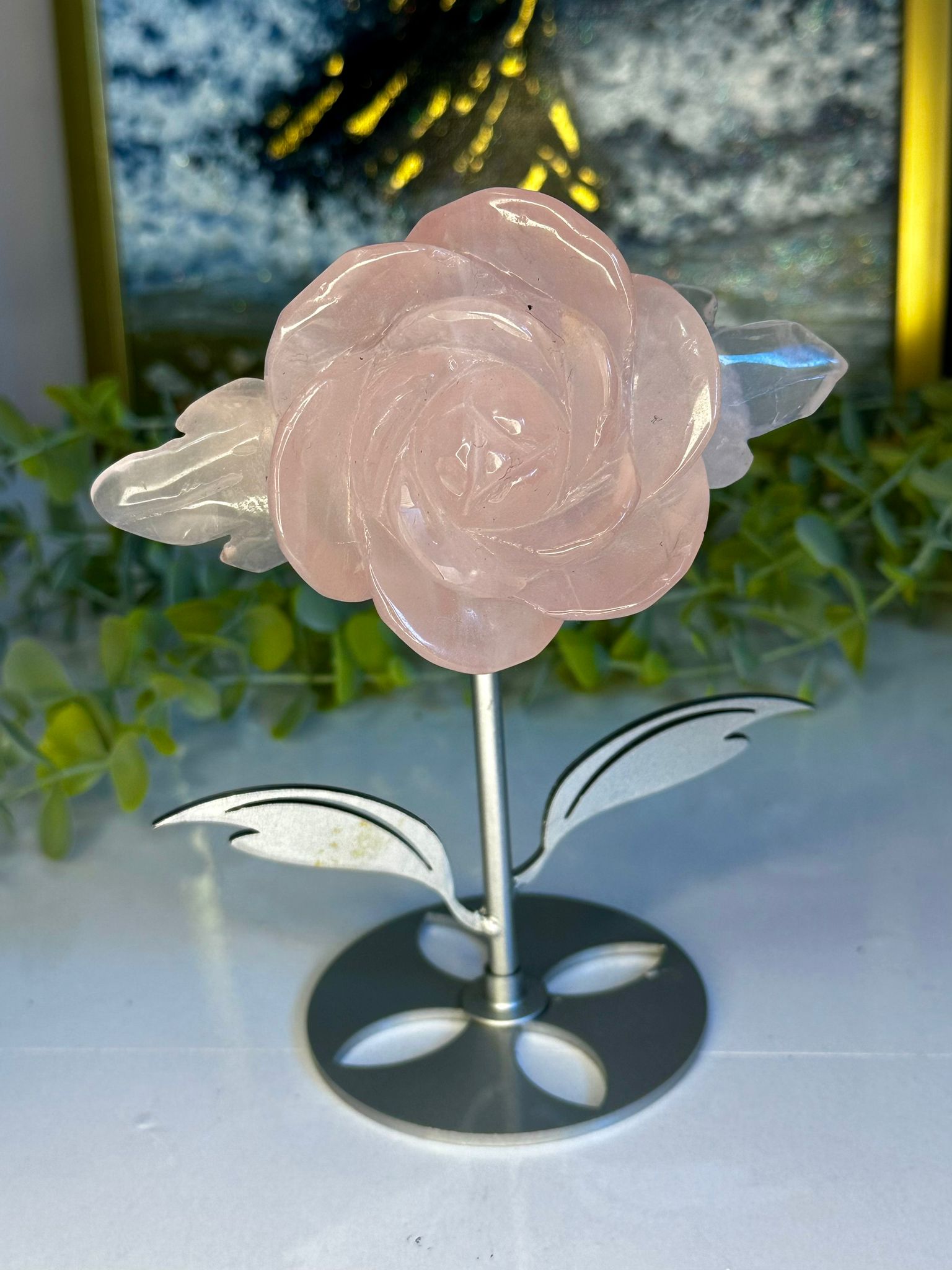 Rose Quartz Rose on Custom Stand