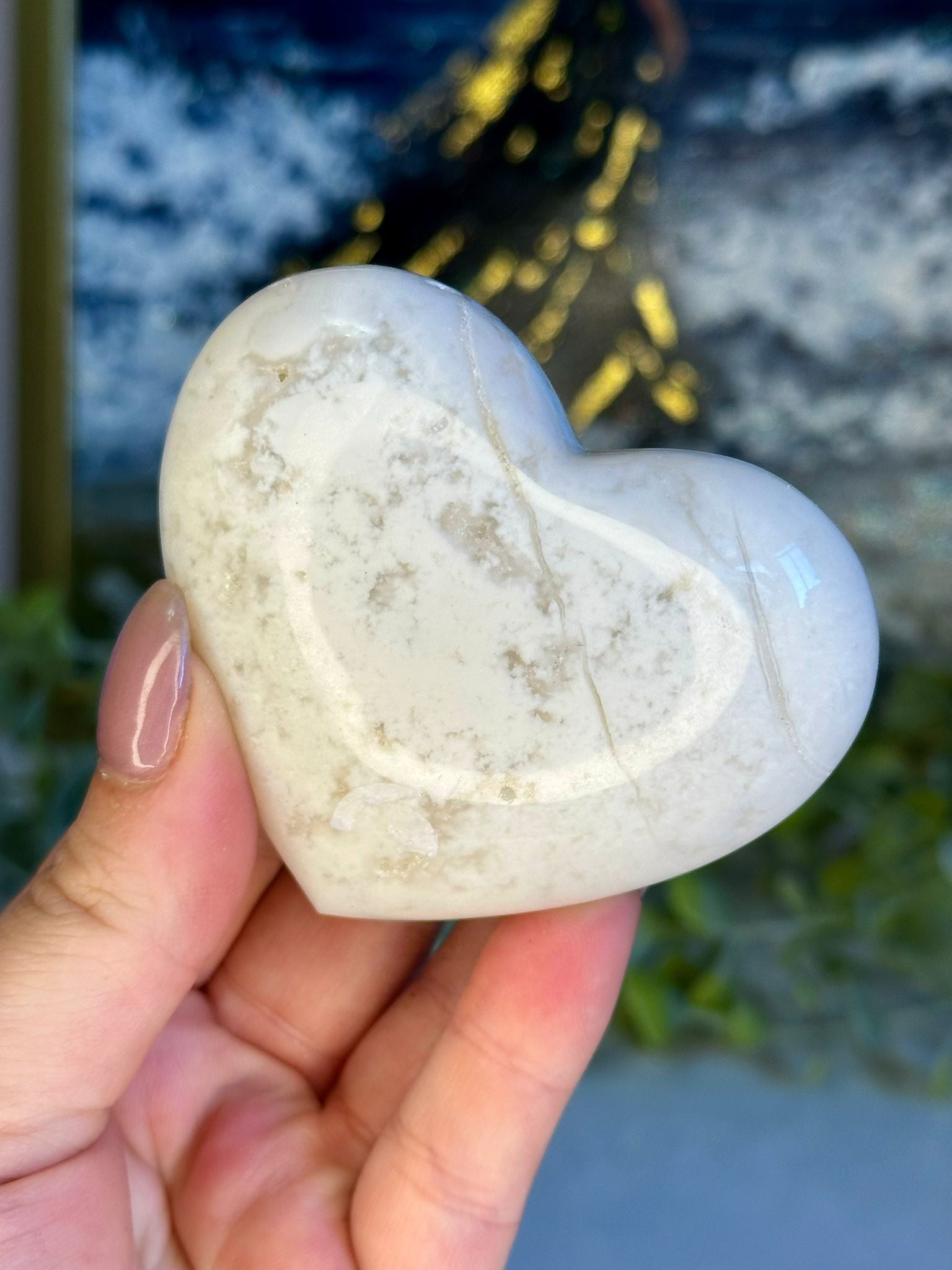 Indonesian White Dendritic Agate Puffy Heart