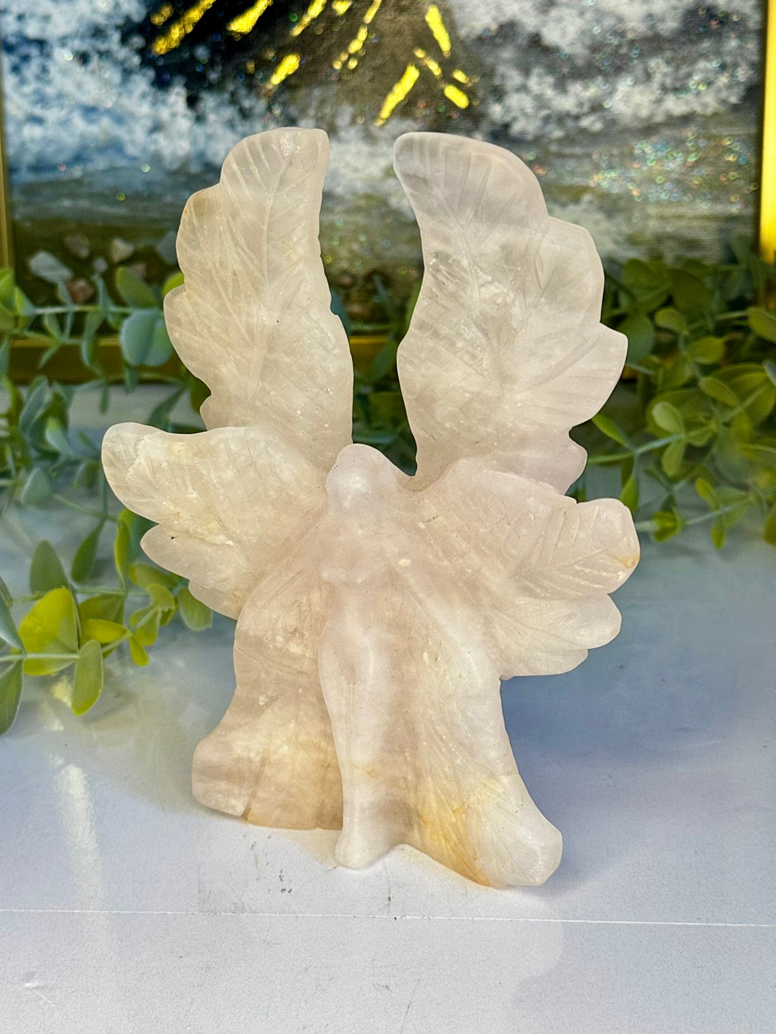 Rose Quartz & Golden Healer Angel Carving