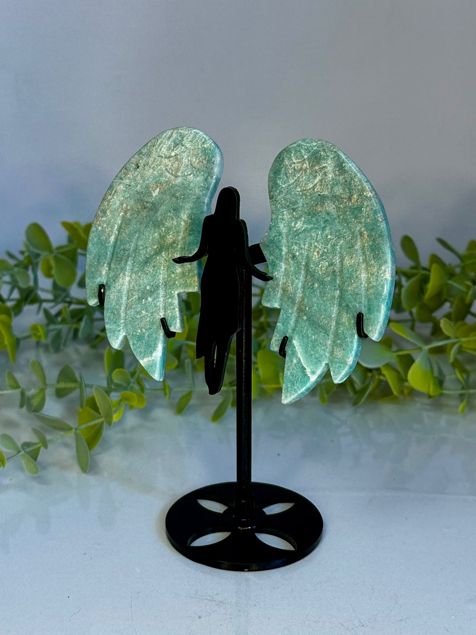 Amazonite Angel Wings on Custom Stand