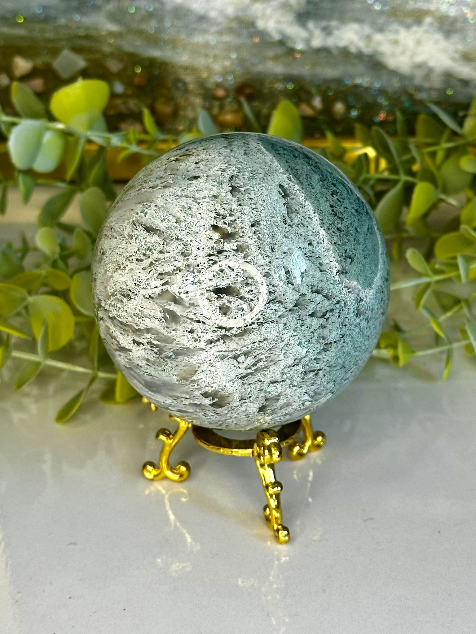 Blue Grey Moss Agate Sphere