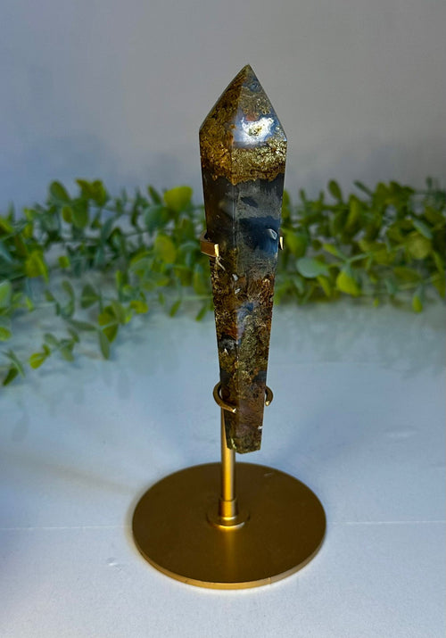Brown & Blue Moss Agate Wand on Gold Stand