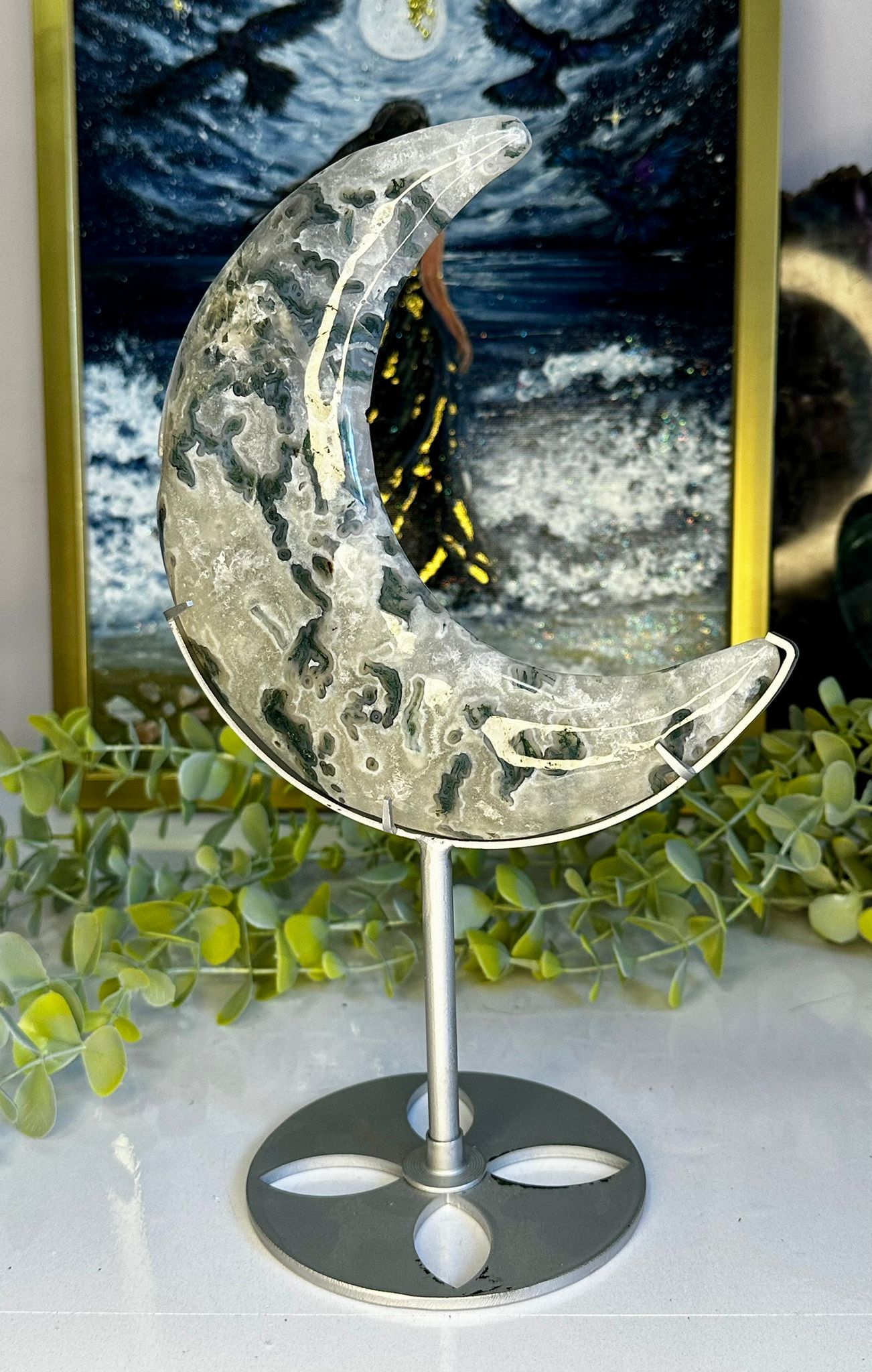 XL Moss Agate Crescent Moon on Custom Stand