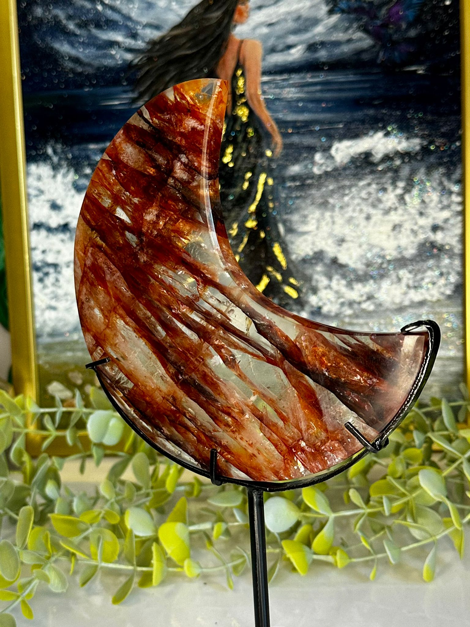 Large High Grade Fire Quartz Crescent Moon on Custom Stand