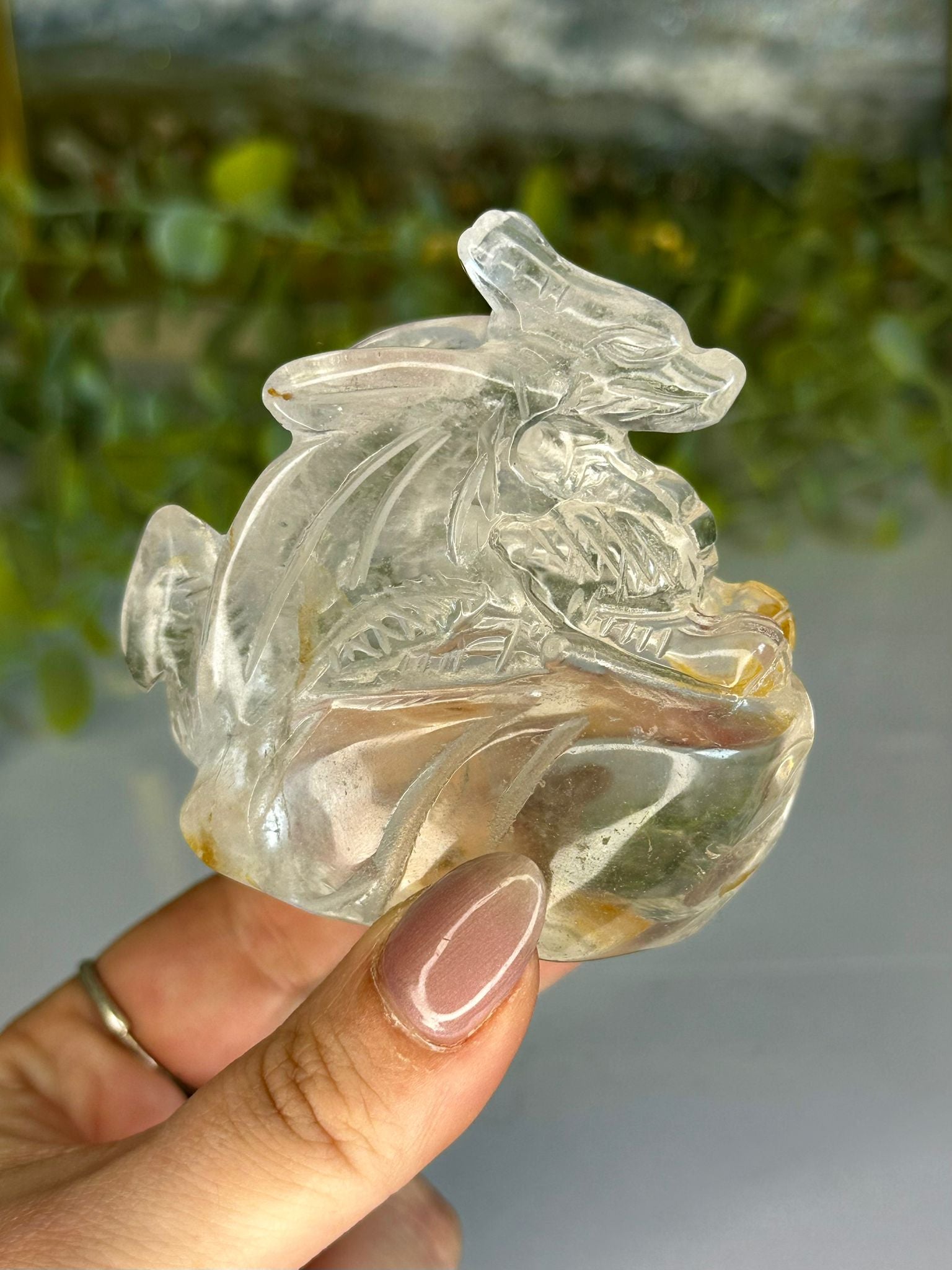 Hand Carved Clear Quartz Dragon with Golden Healer Inclusions