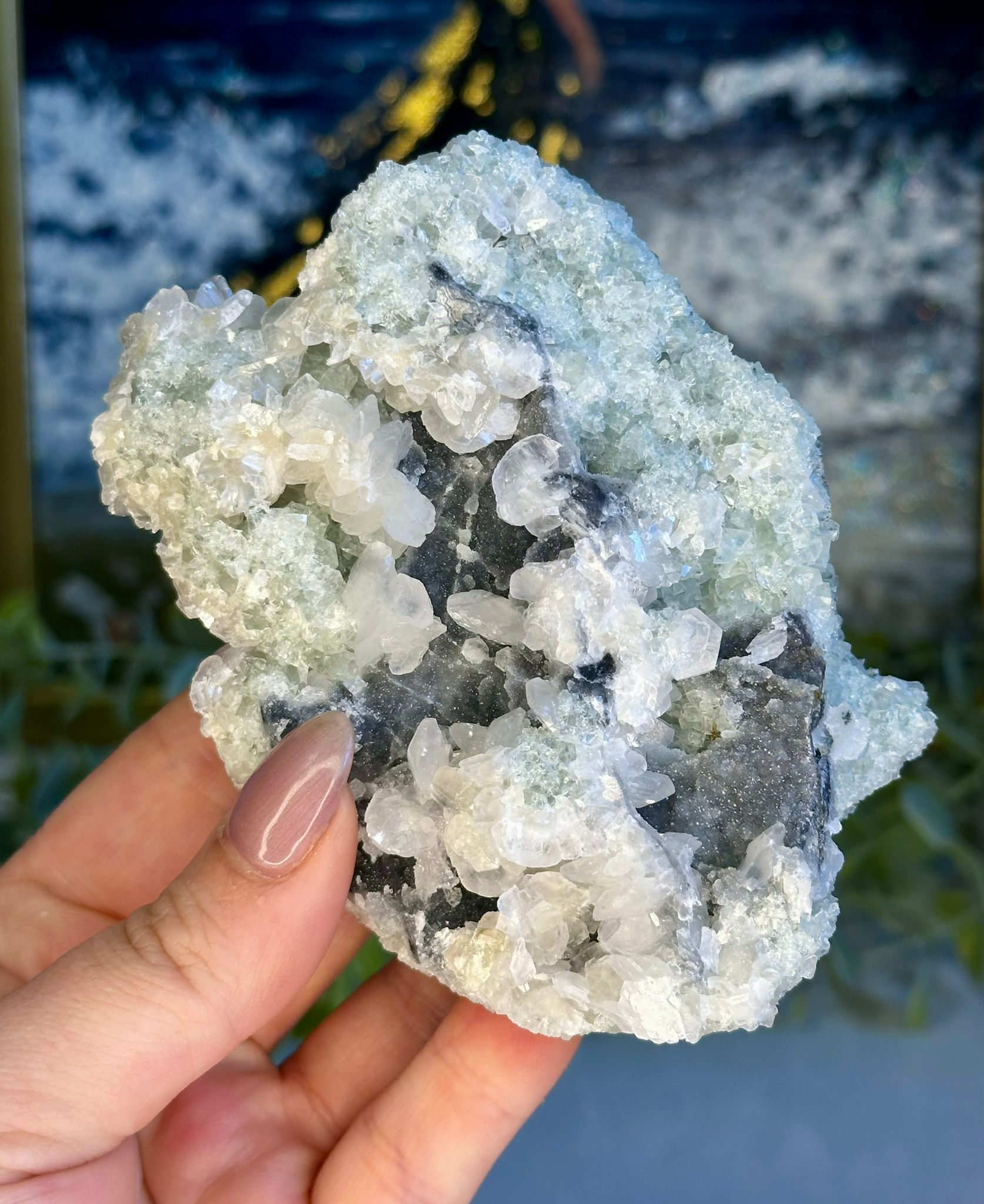 Mint Green Sugar Fluorite with Calcite & Black Chalcedony