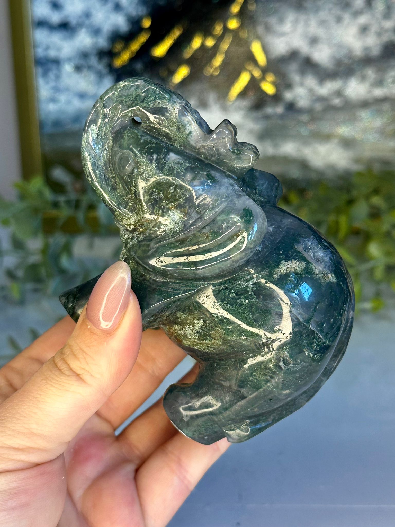 Moss Agate Elephant Carving #2