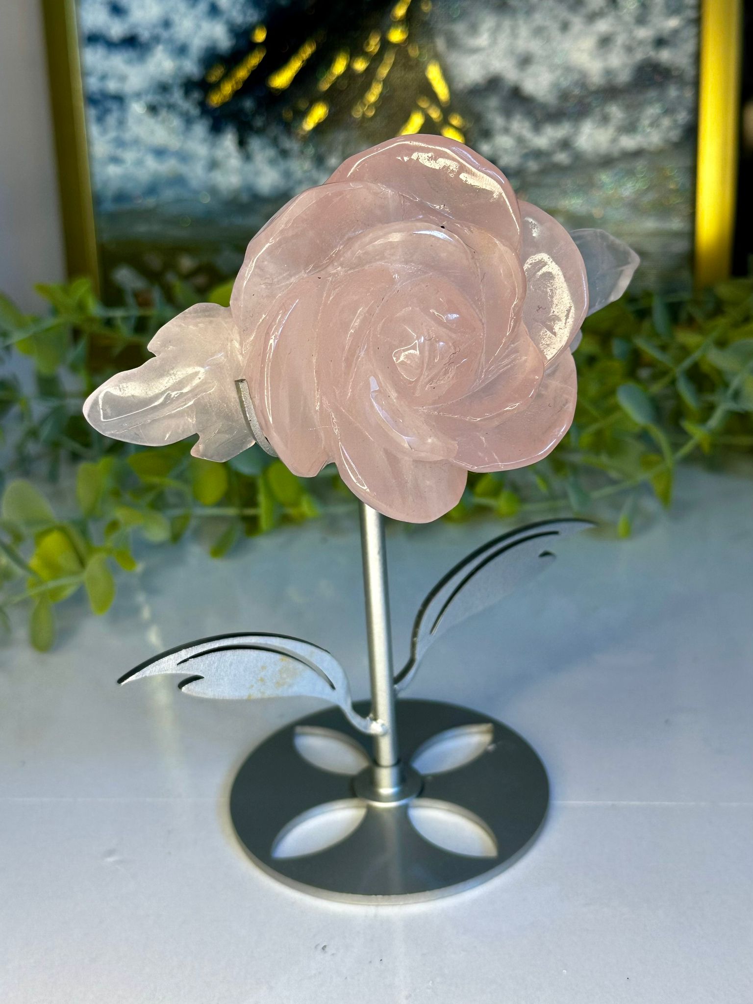 Rose Quartz Rose on Custom Stand