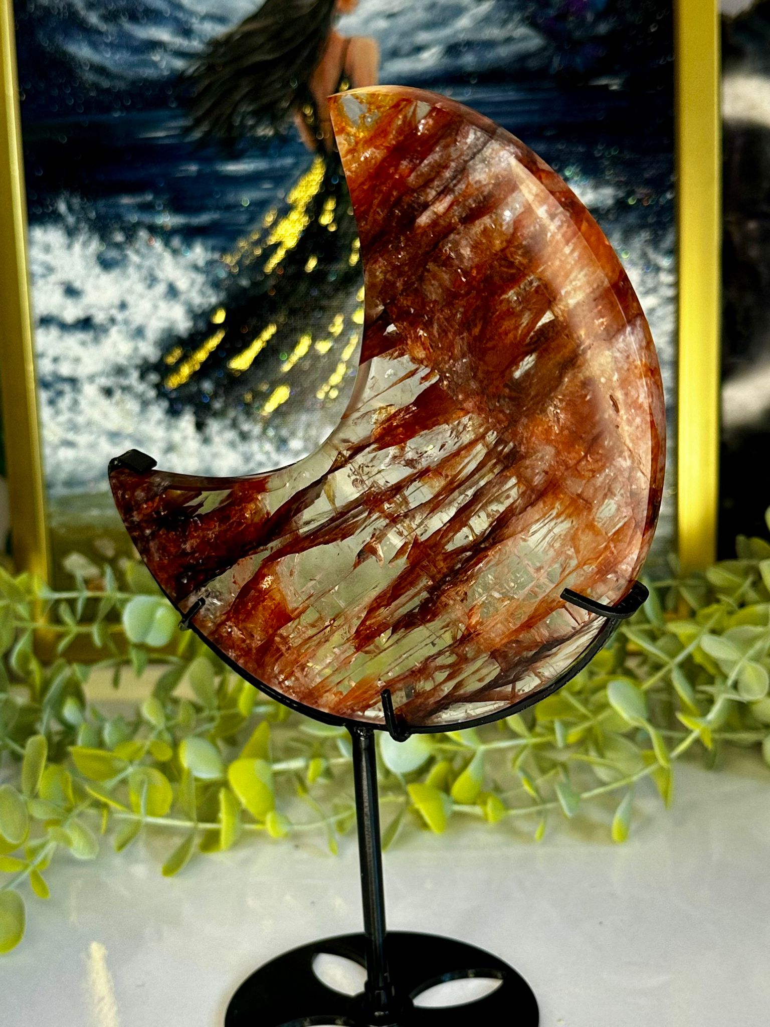 Large High Grade Fire Quartz Crescent Moon on Custom Stand