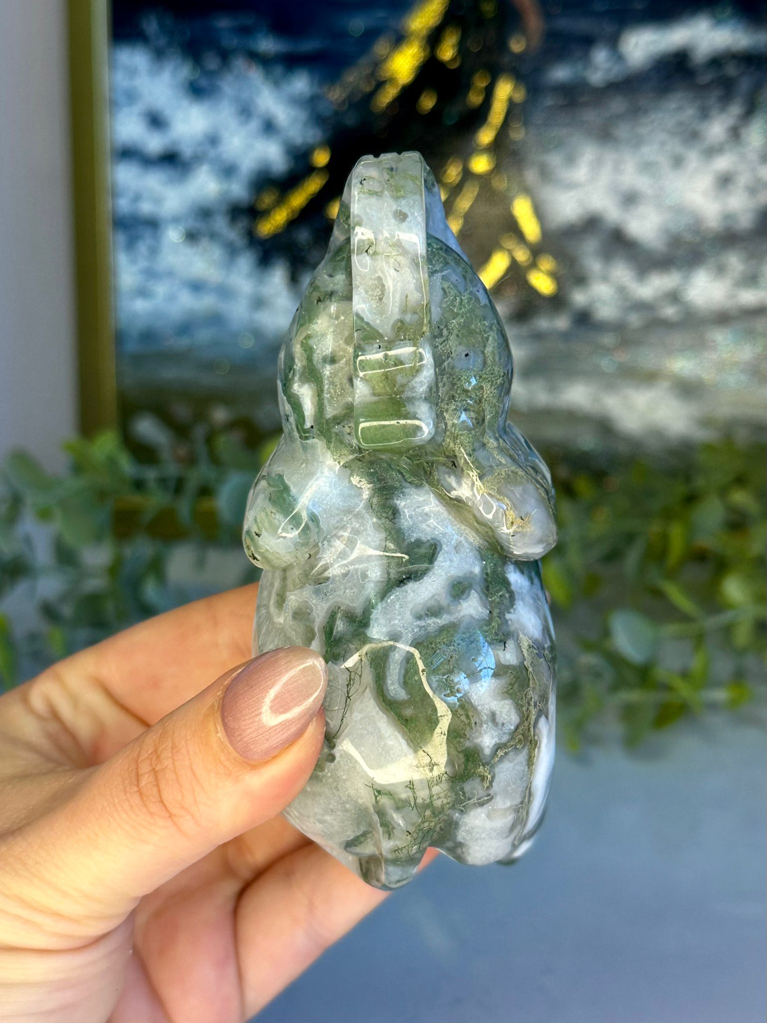 Moss Agate Elephant Carving
