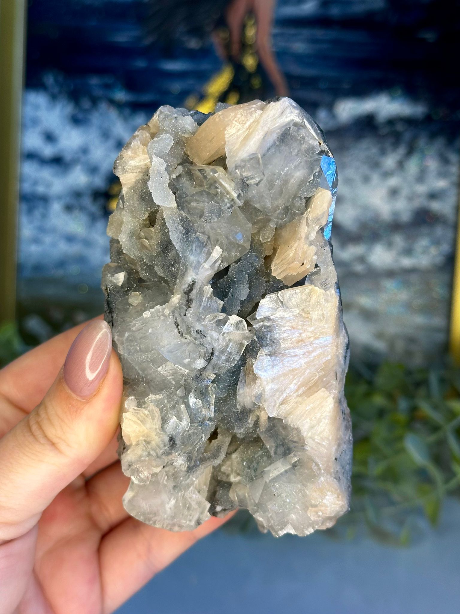 Apophyllite with Peach Stilbite on Black Chalcedony